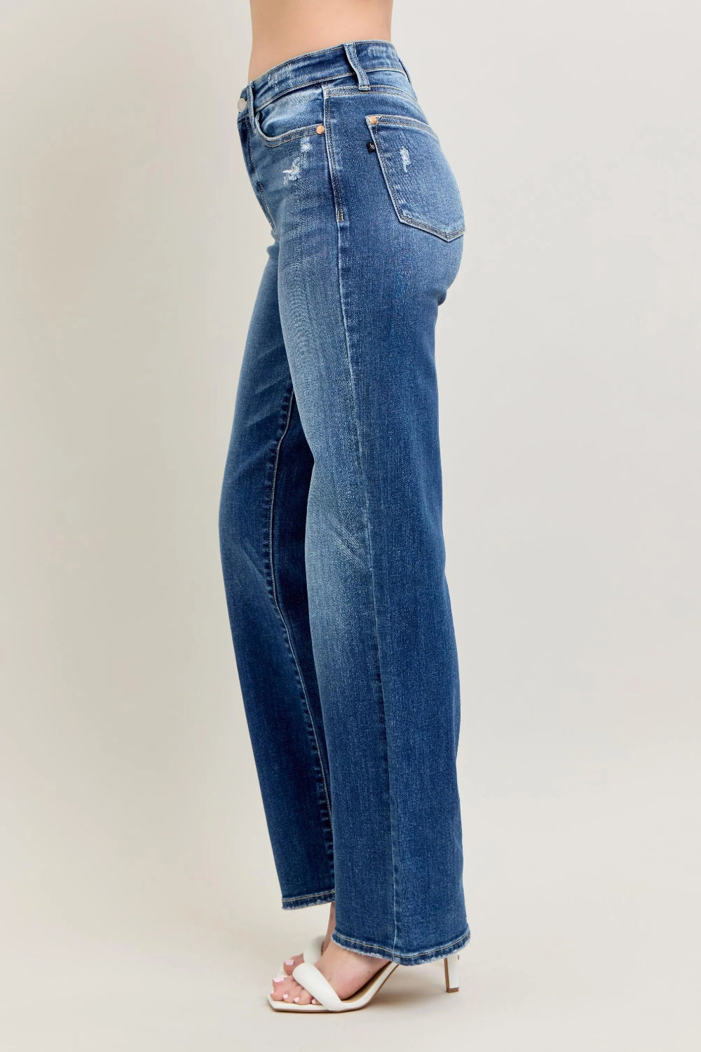 Judy Blue Jeans, full-size, high-rise, pocketed, button and zipper closure, 90's straight leg, distressed, stretchy, side view