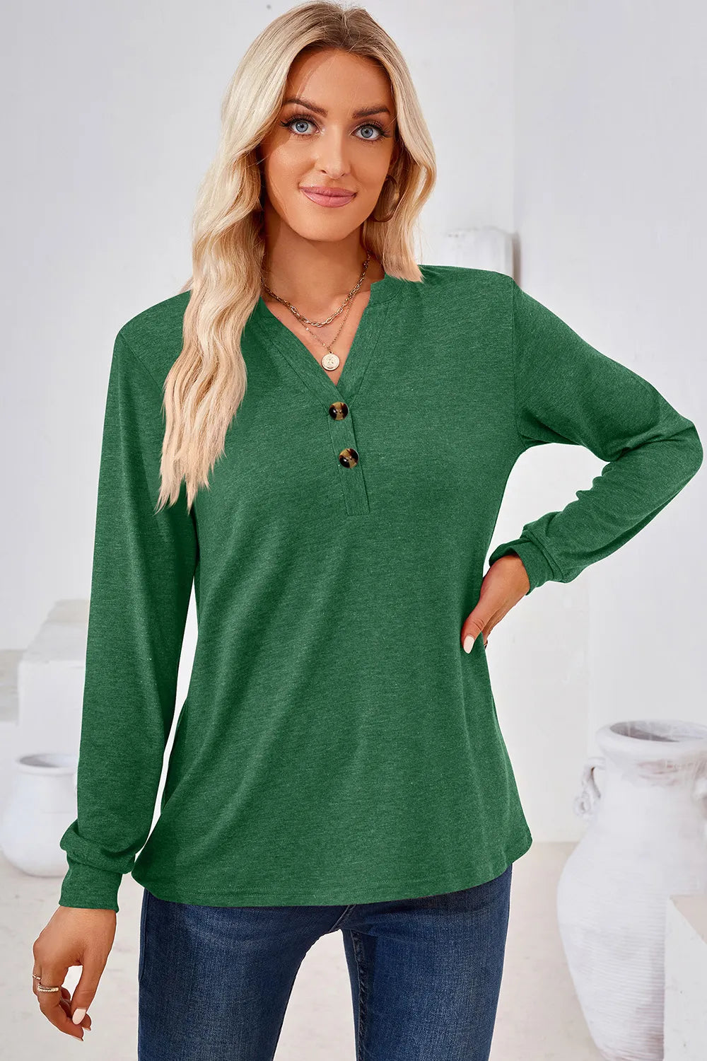 t-shirt, pullover, long sleeve, notch neck, buttoned, opaque, slightly stretchy, front view