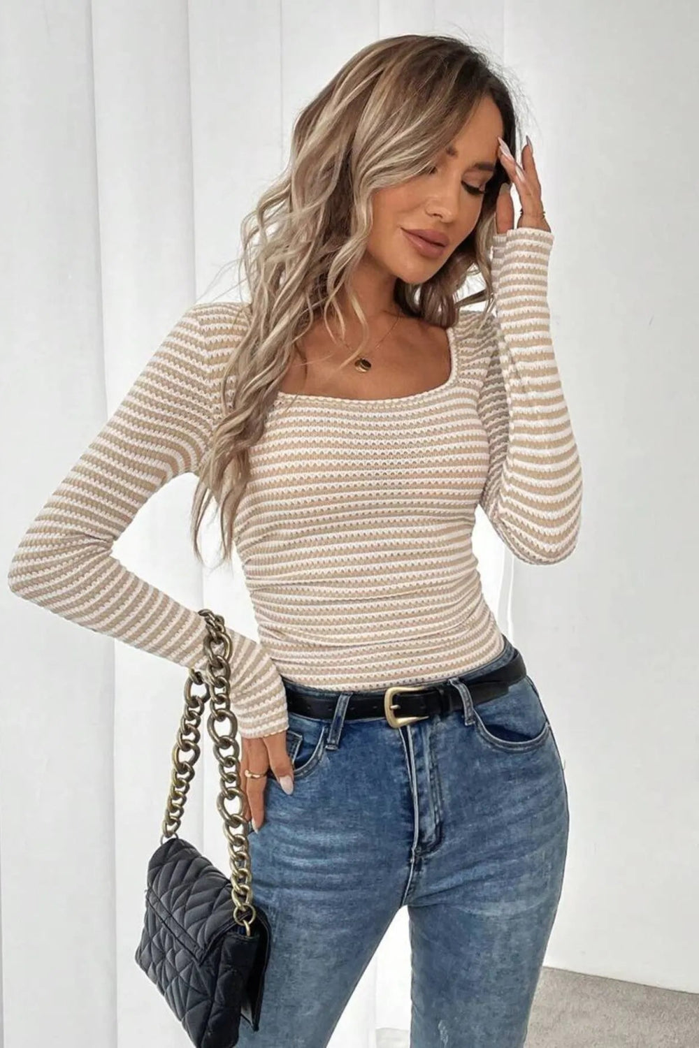 Top, Pullover, Square neck, Long sleeve,
Ribbed, Striped, Fitted, Stretchy, front view