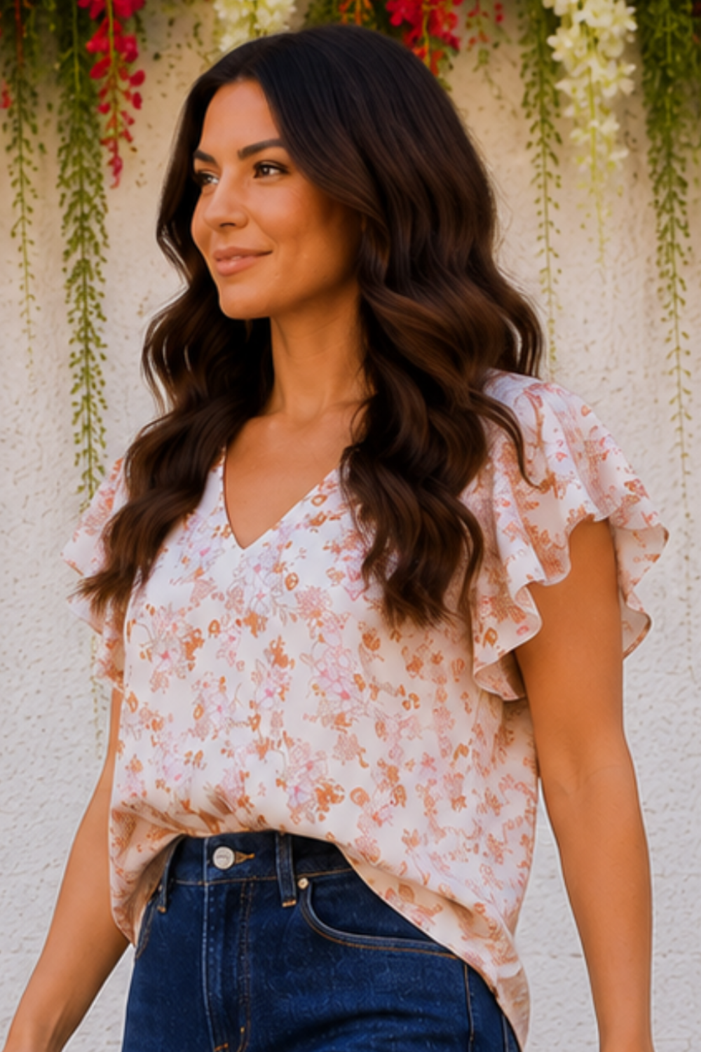 * Pullover
* V-neck
* Flutter sleeve
* Round hem
* Floral print
* No stretch