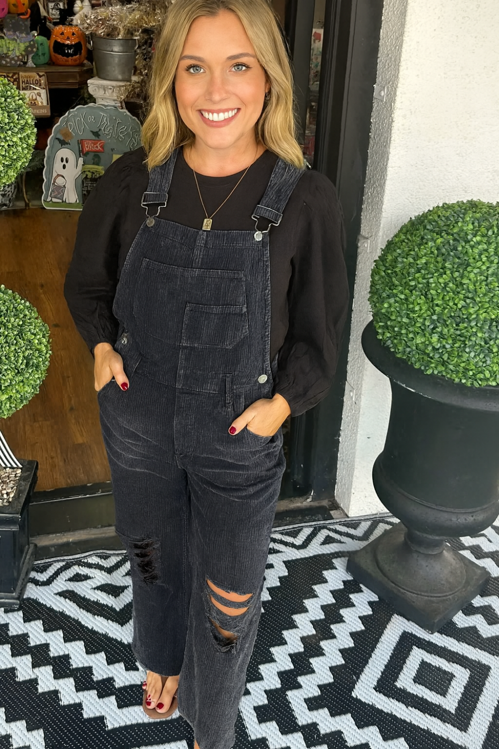 Overalls, corduroy, distressed, straight leg, pocketed, frayed hem, button clasp, no stretch, comes in several colors front view