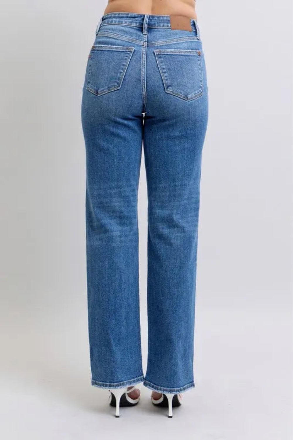 Judy Blue Jeans, full-size, high-rise, 5-pocket design, v-front detail, button-zip closure, straight leg, slightly stretchy, back view