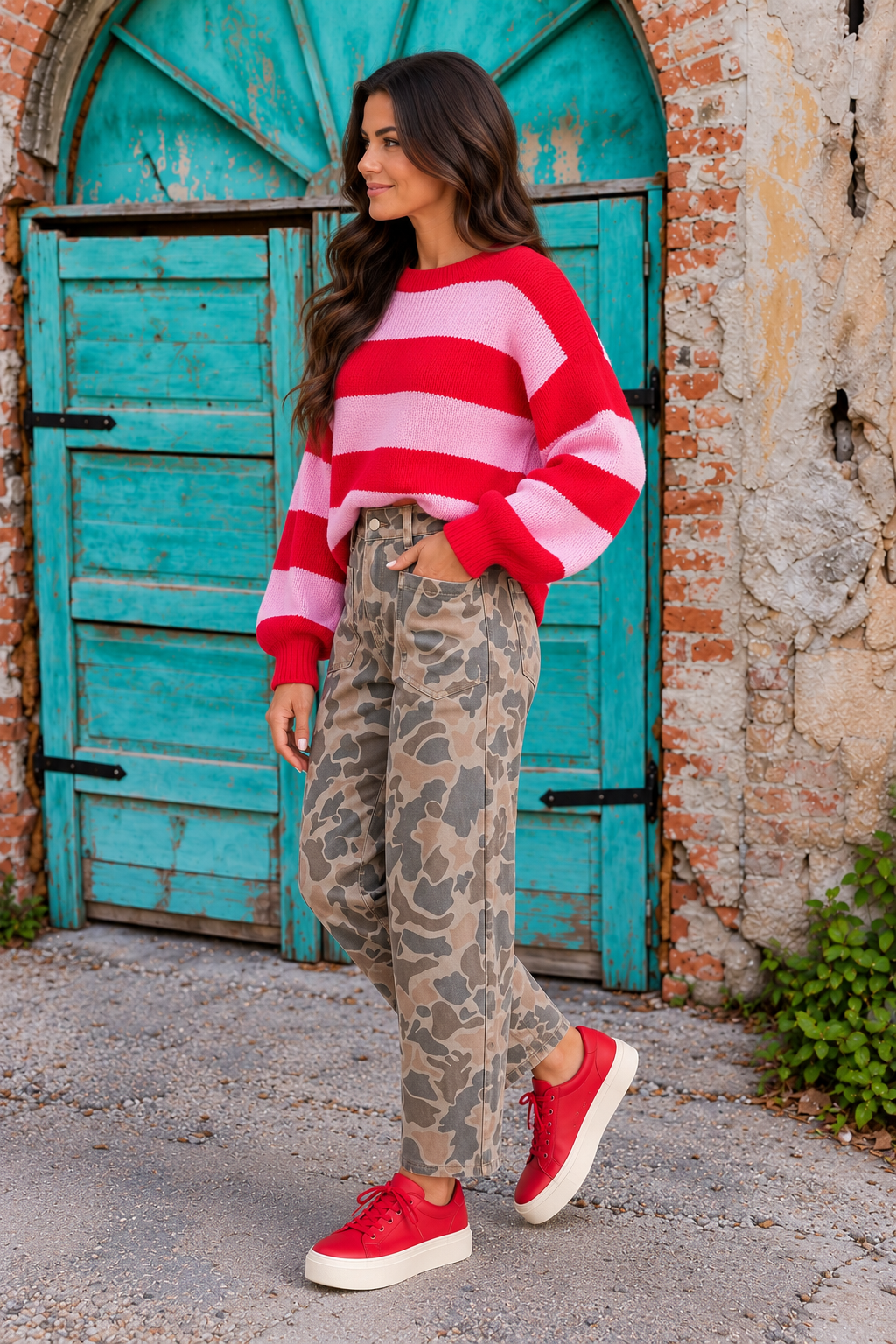Side view of the Incognito Jeans in muted taupe and gray camouflage with wide cropped legs and oversized patch pockets.