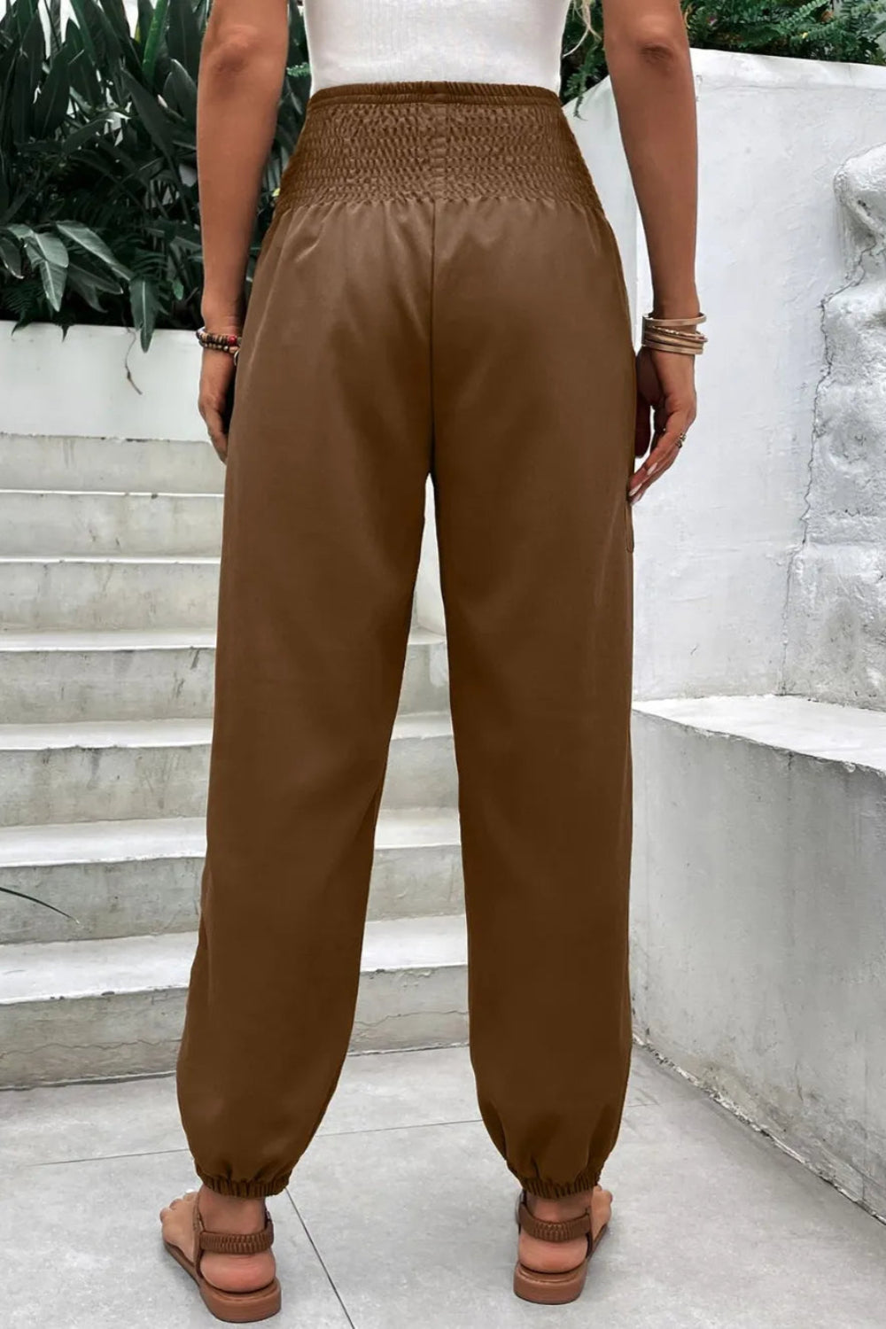 Joggers, high-waist, no drawstring, shirred, pocketed, opaque, slightly stretchy back view