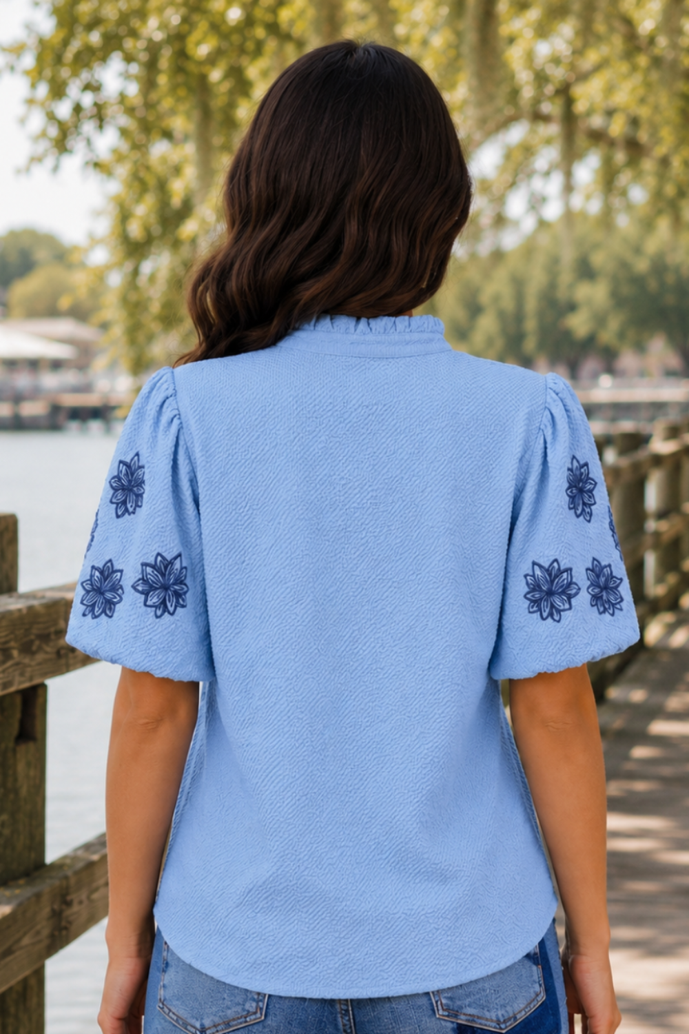 * Pullover
* V-neck
* Flower embroidered puff sleeve
* Textured
* Frill
* No stretch