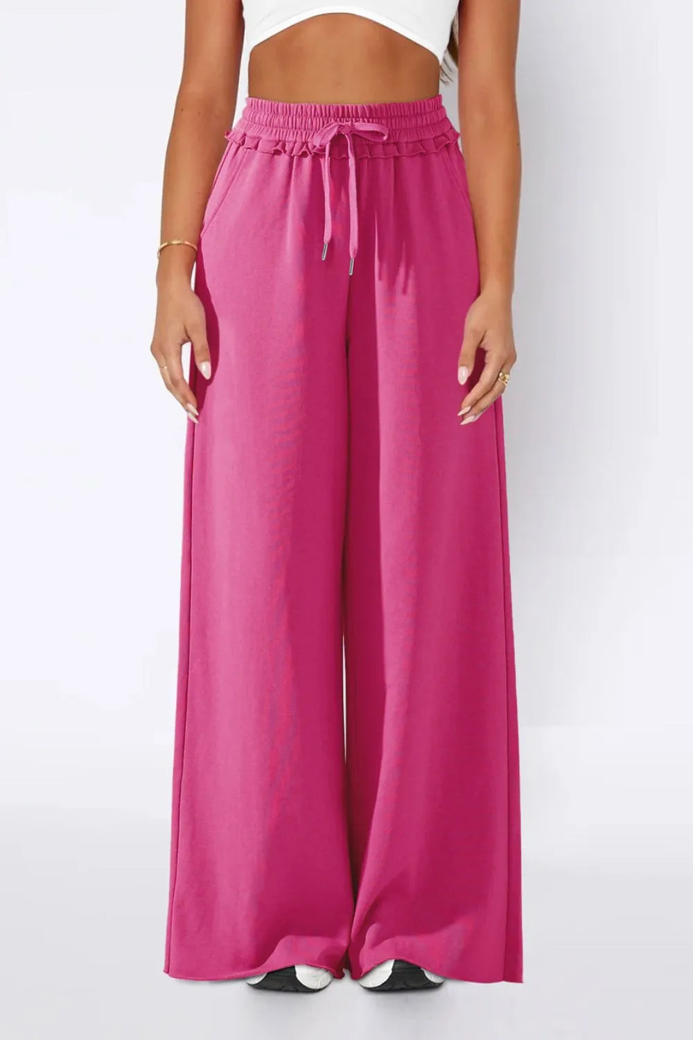 Pants, high waist, drawstring, elastic waist, opaque, frill, wide leg, pocketed, no stretch side view