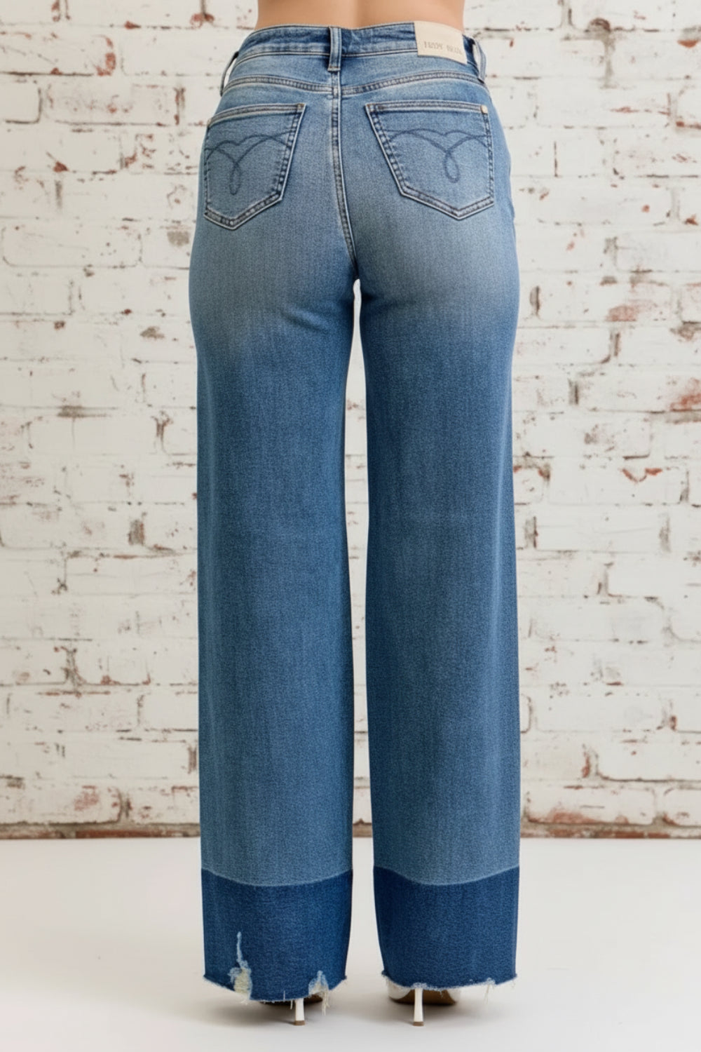 Judy Blue, high-rise, column straight , pocketed, belt loops, button/zipper closure, raw hem, distressed, stretchy, back view