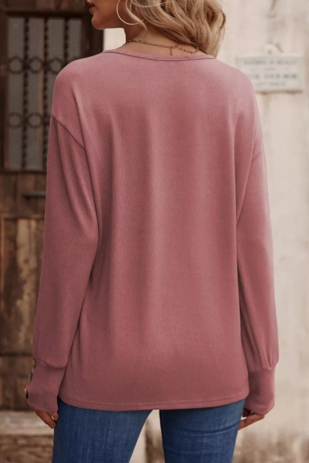 top, long sleeve, drop shoulder, v-neck, pullover, decorative buttons, straight hem, comes in many colors, stretchy, back view