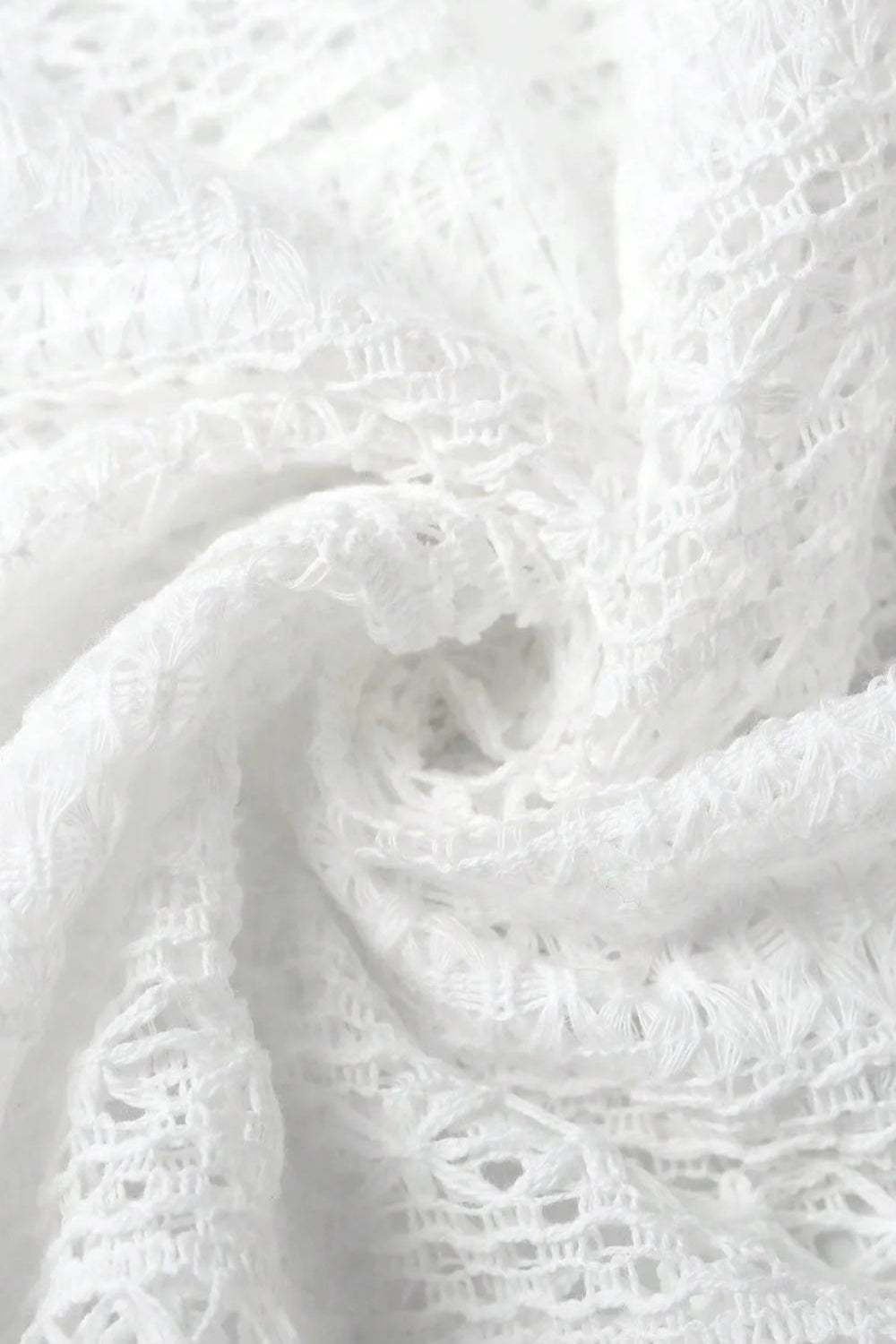 Shirt, long sleeve, crochet, ruffled v-neck, buttoned, unlined, slightly stretchy, close up view