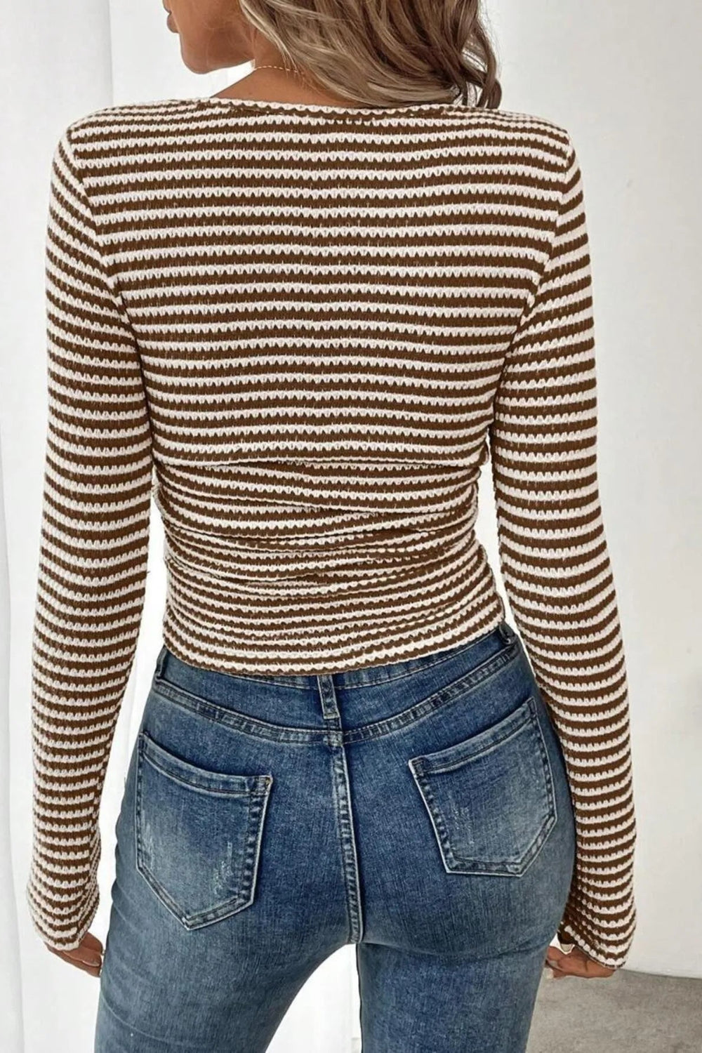 Top, Pullover, Square neck, Long sleeve,
Ribbed, Striped, Fitted, Stretchy, back view