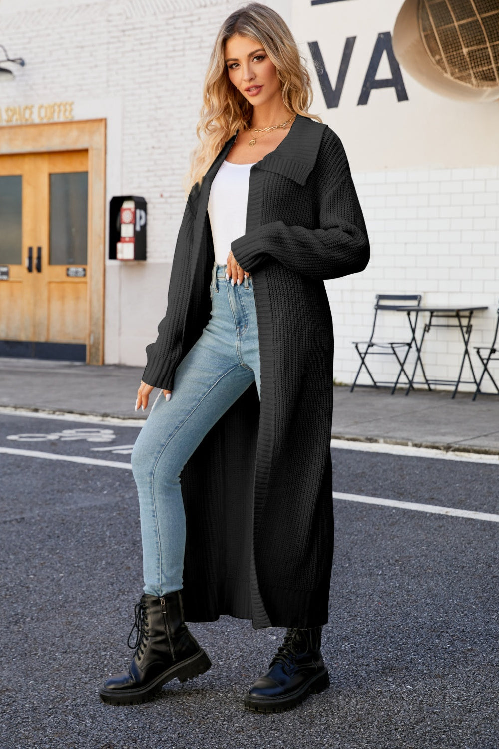 cardigan, open front, duster, collared, ribbed, long sleeve, drop shoulder, slightly stretchy, front view