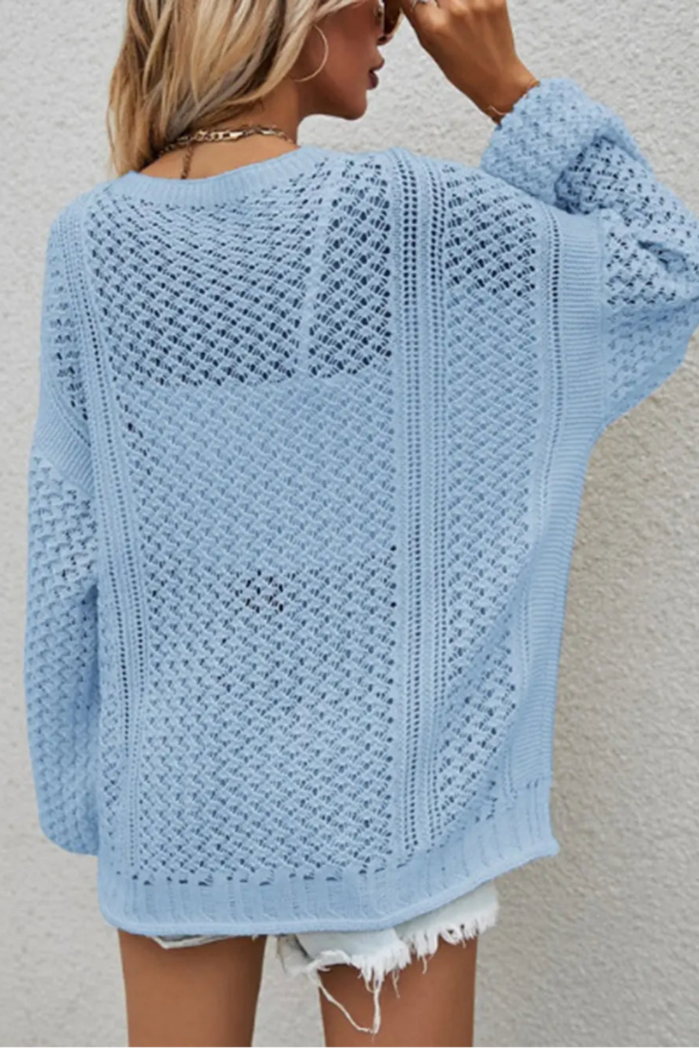 Cardigan, long sleeve, openwork, buttoned, oversized, drop shoulder, stretchy back view