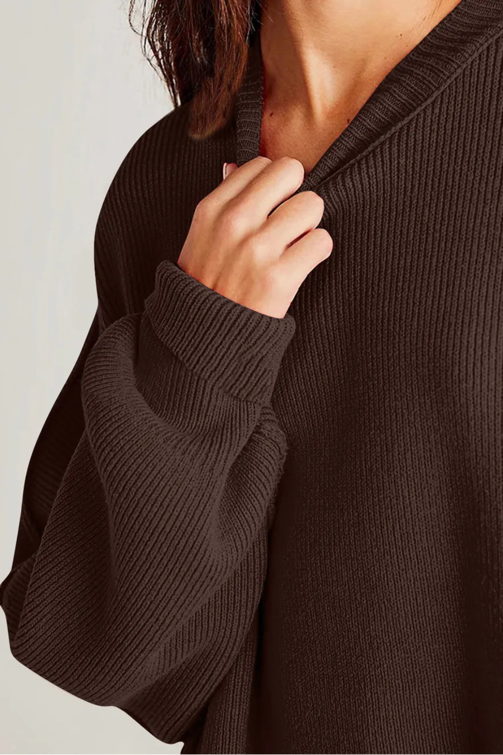 Sweater, oversized, drop shoulder, round neck, exposed seam, long, side slit, ribbed, stretchy front view
