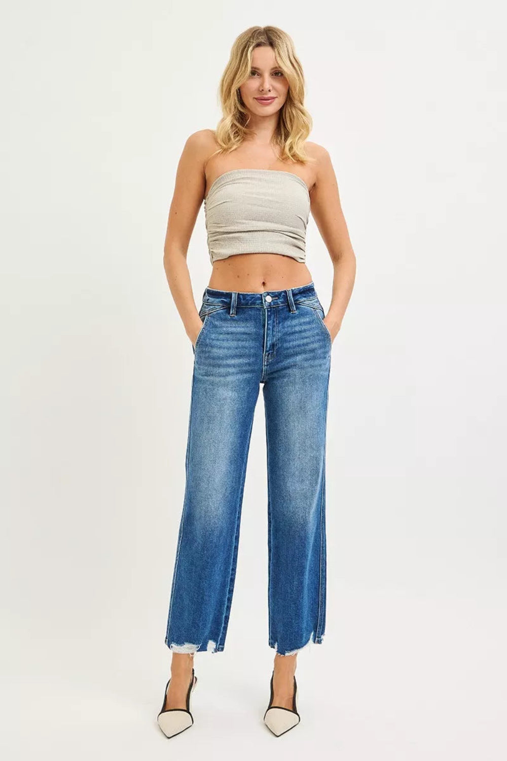 Risen Jeans, high-rise, distressed, raw hem, straight leg, ankle length, pocketed, belt loops, button/zipper closure, dark wash, slightly stretchy, front view