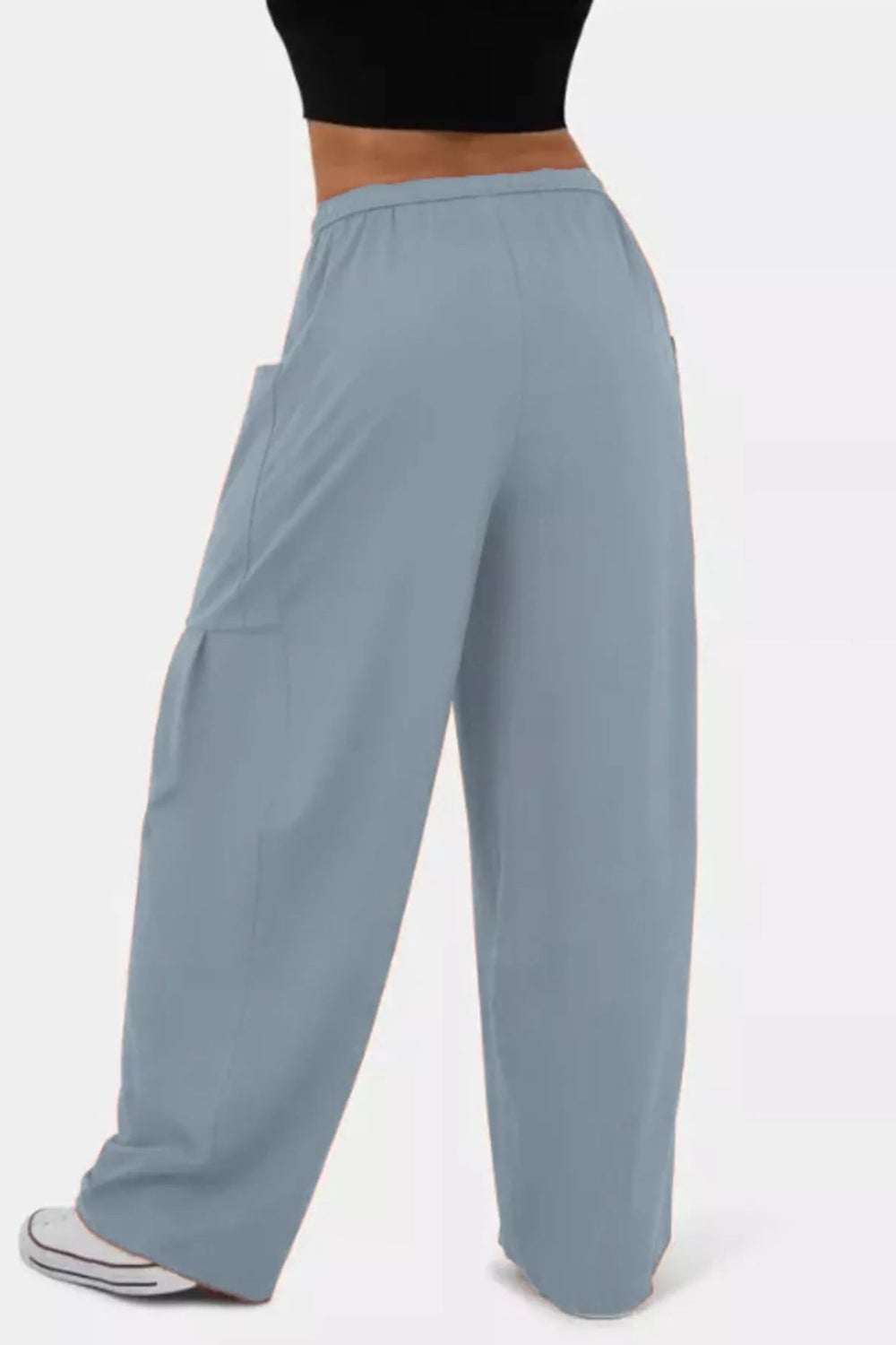 Pants, wide leg, drawstring waist, high-waist, pocketed, pleated at pockets, long, stretchy, back view