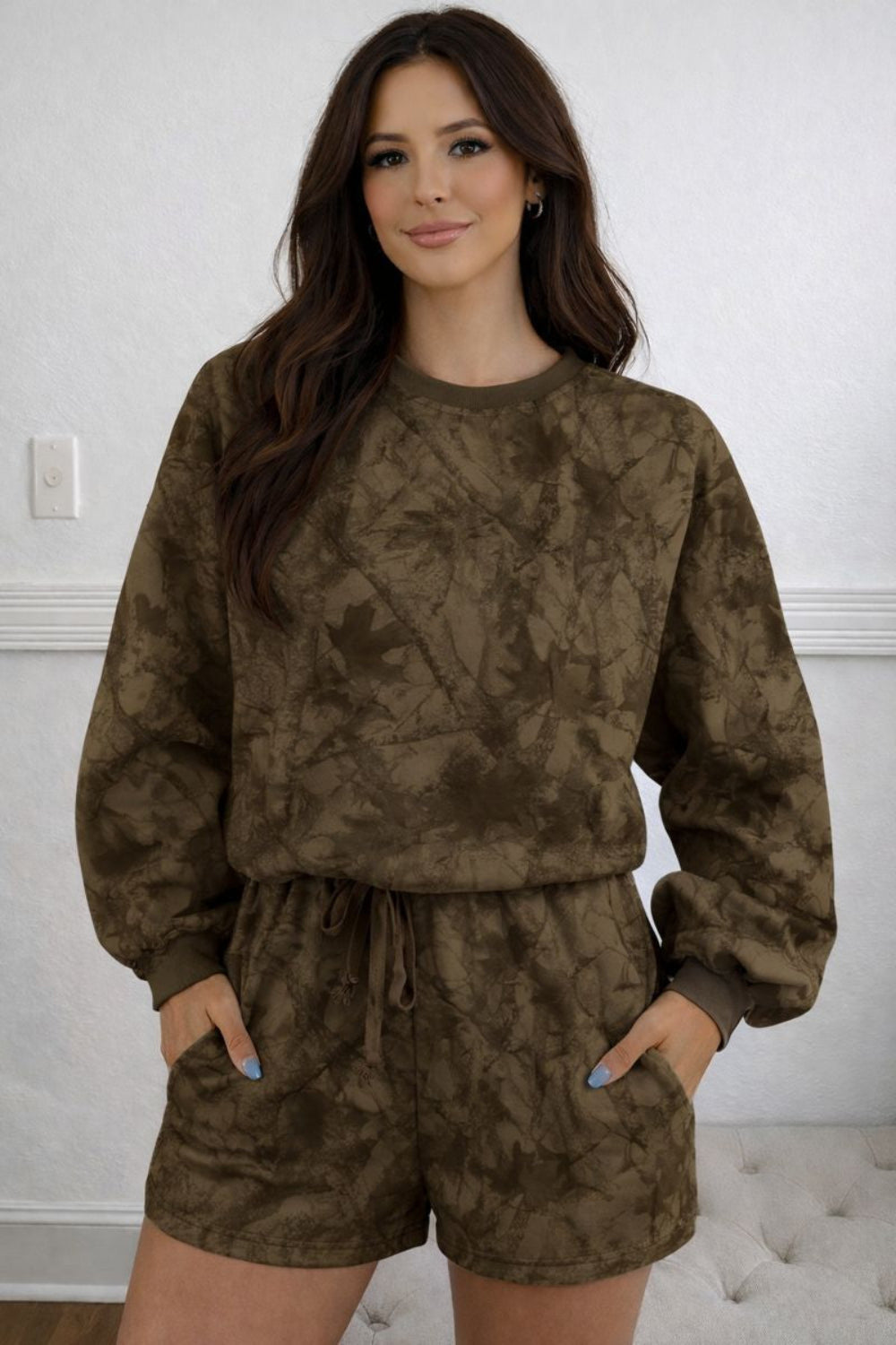 Two-piece lounge set, pullover, round neck, drop shoulder, long sleeve, ribbed, oversized, drawstring shorts, elastic waist, pocketed, no stretch, front view
