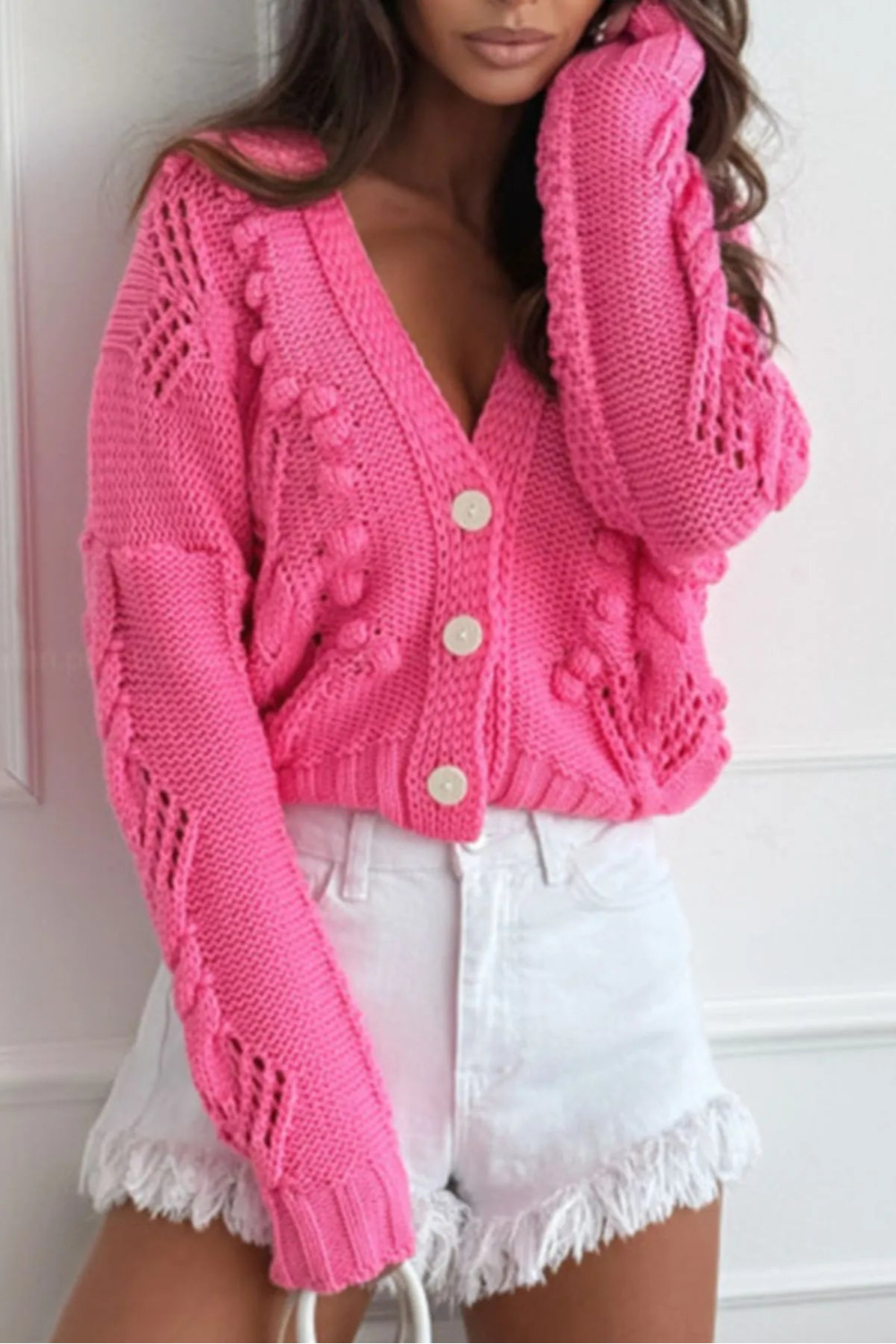 Cardigan, long sleeve, drop shoulder, openwork, cable knit, v-neck, buttoned, no stretch front view