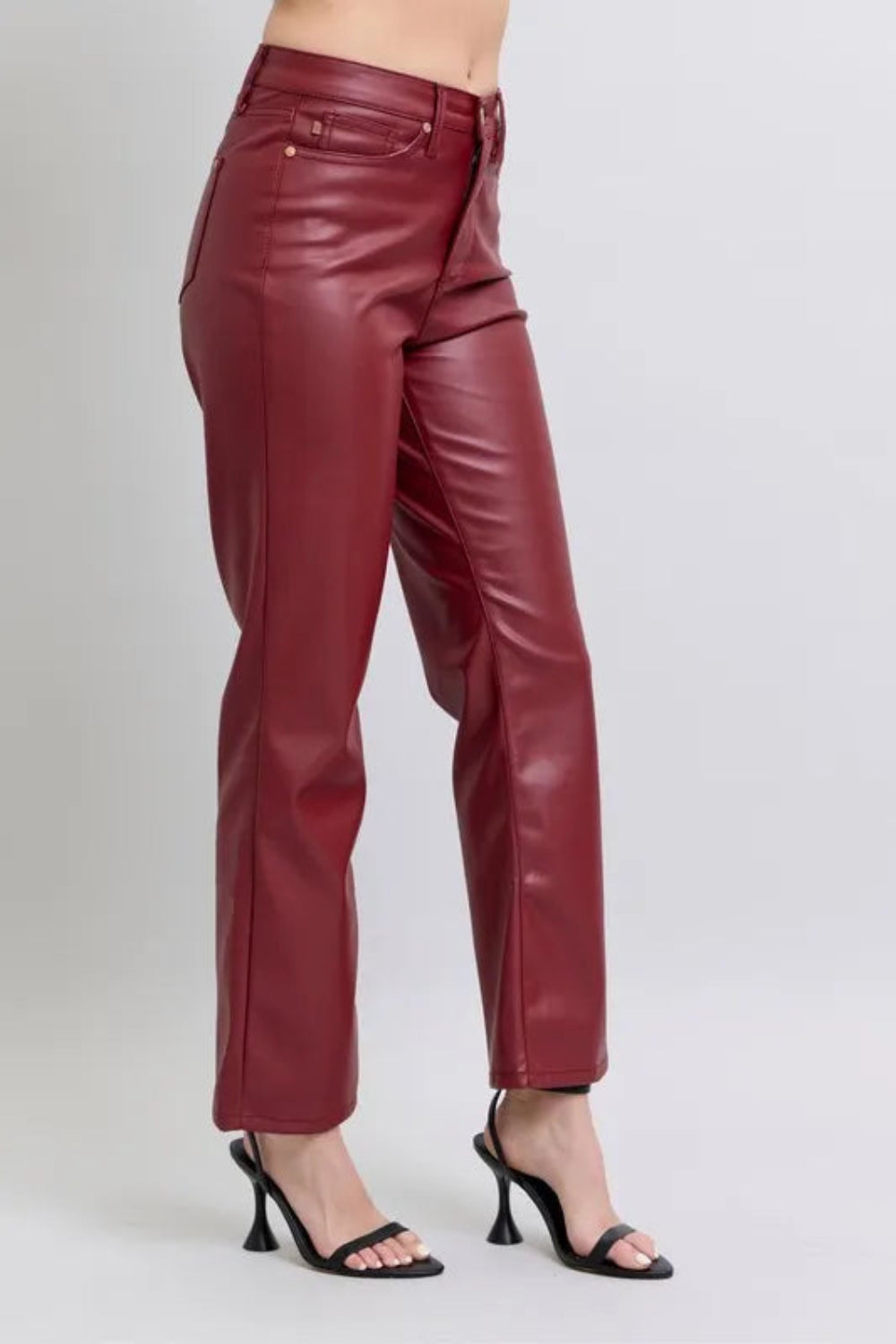 Judy Blue Pants, full-size, high-rise, tummy control, faux leather, straight leg, pocketed, brad detail, some stretch side view