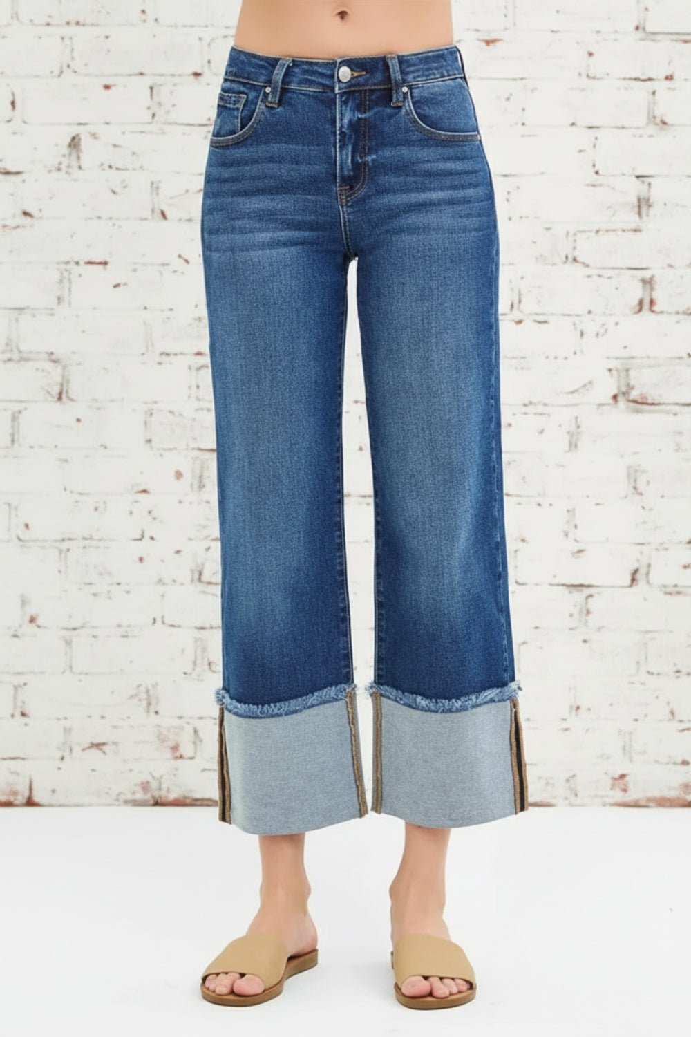 Risen Jeans, full-size, mid-rise, cropped, raw hem, cuffed, wide leg, dark wash, belt loops, pocketed, button/zipper closure, slightly stretchy, front view