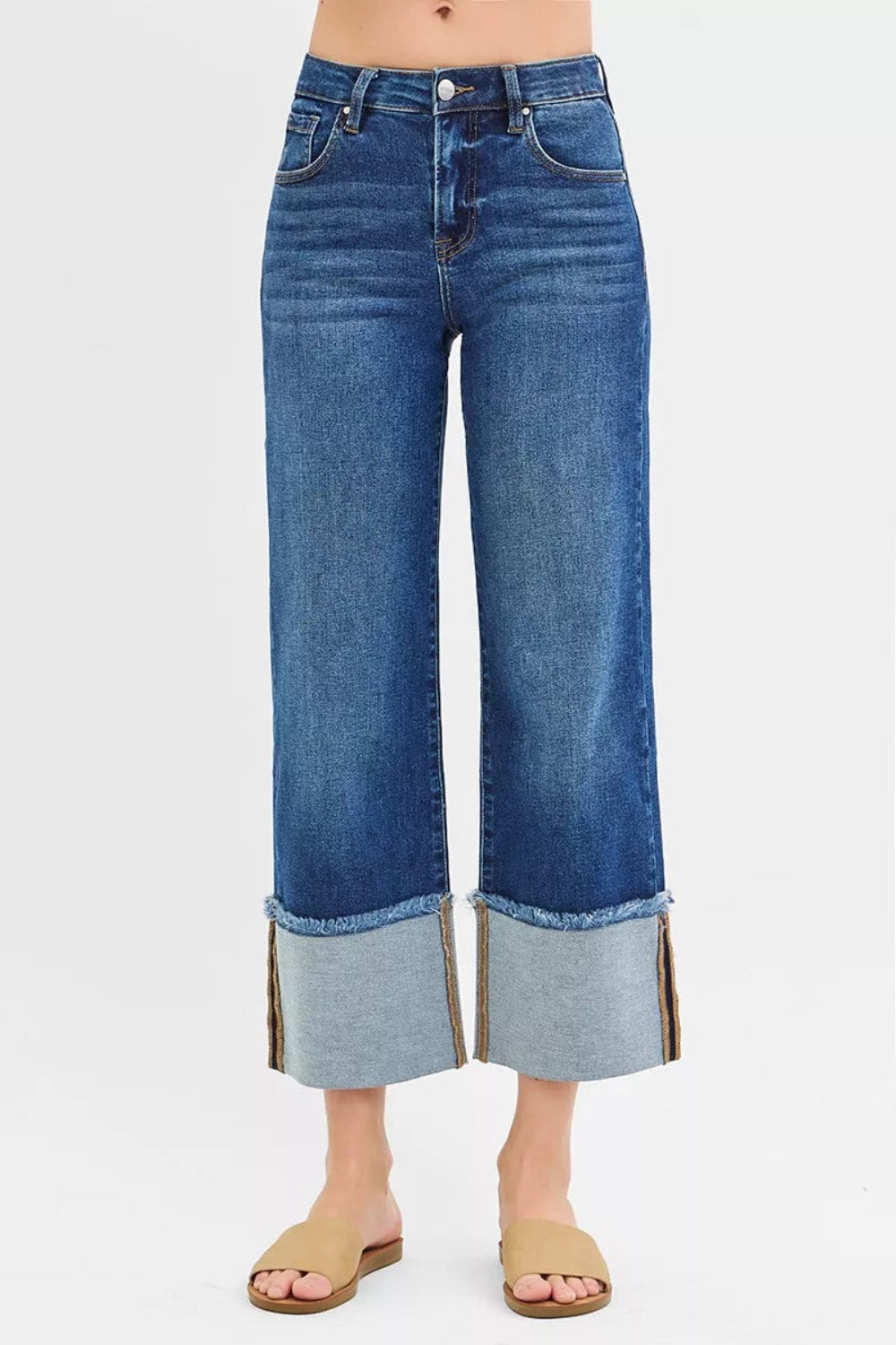 Risen Jeans, full-size, mid-rise, cropped, raw hem, cuffed, wide leg, dark wash, belt loops, pocketed, button/zipper closure, slightly stretchy, front view