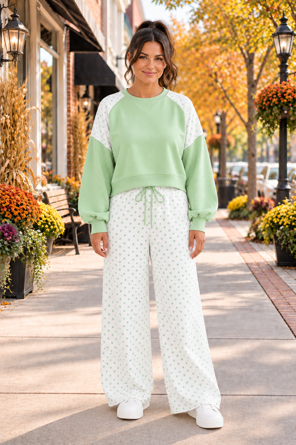 Social Club Pant Set with a light green cropped sweatshirt, polka-dot shoulder panels, and matching wide-leg drawstring pants front view.