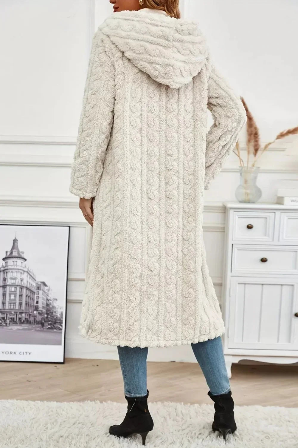 Longline coat, hooded, buttoned, pocketed, thick, lined, oversized, cable-knit design, some stretch, view