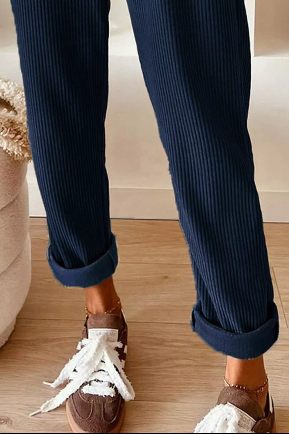 Pants, corduroy, drawstring, pocketed, elastic waist, high-rise, straight leg, no stretch, front bottom view 