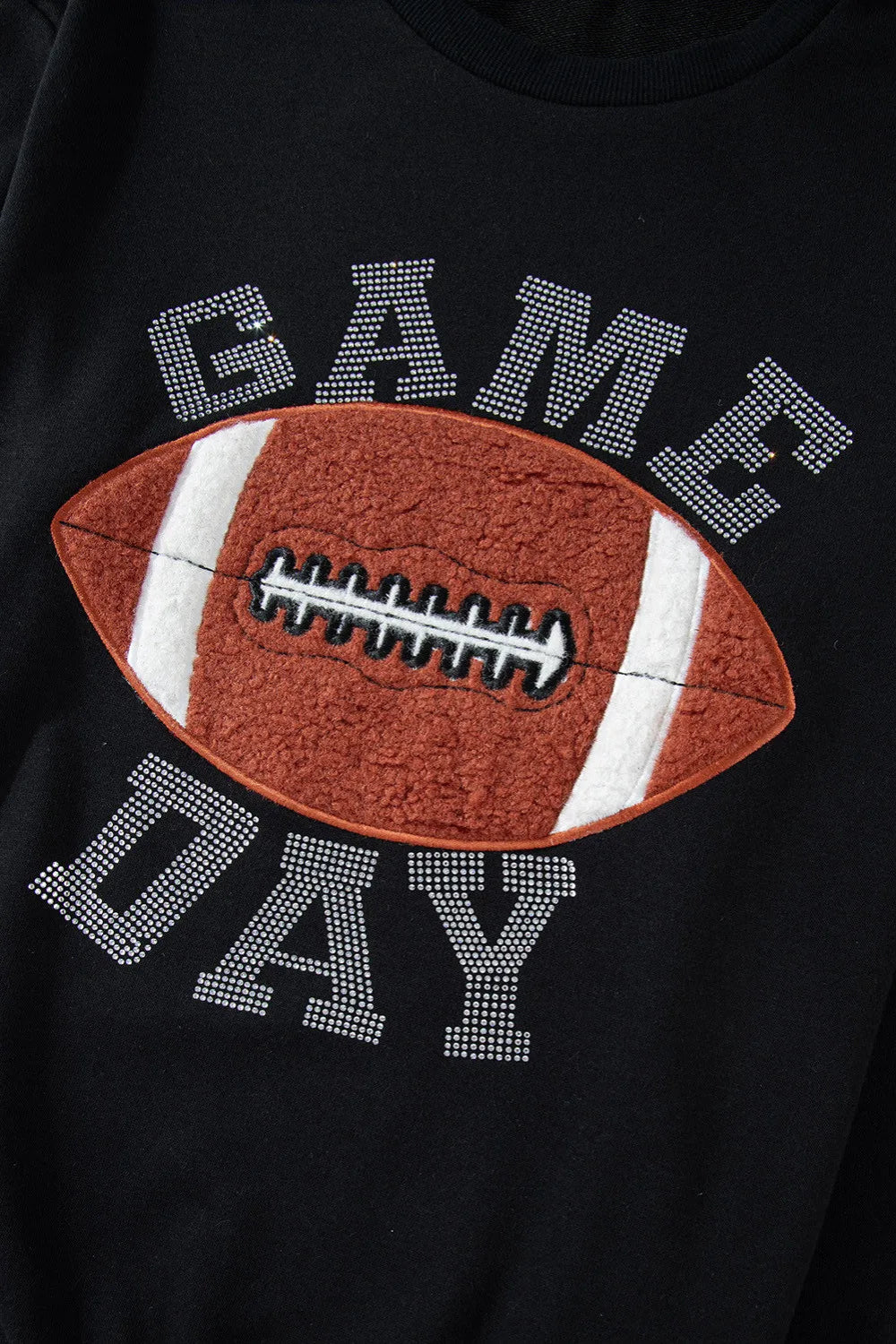 Two-piece short set, long sleeve, pullover, round neck, rhinestone lettering, football patches on top and shorts, side contrast trim, high waist, no drawstring, pocketed, no stretch close up view