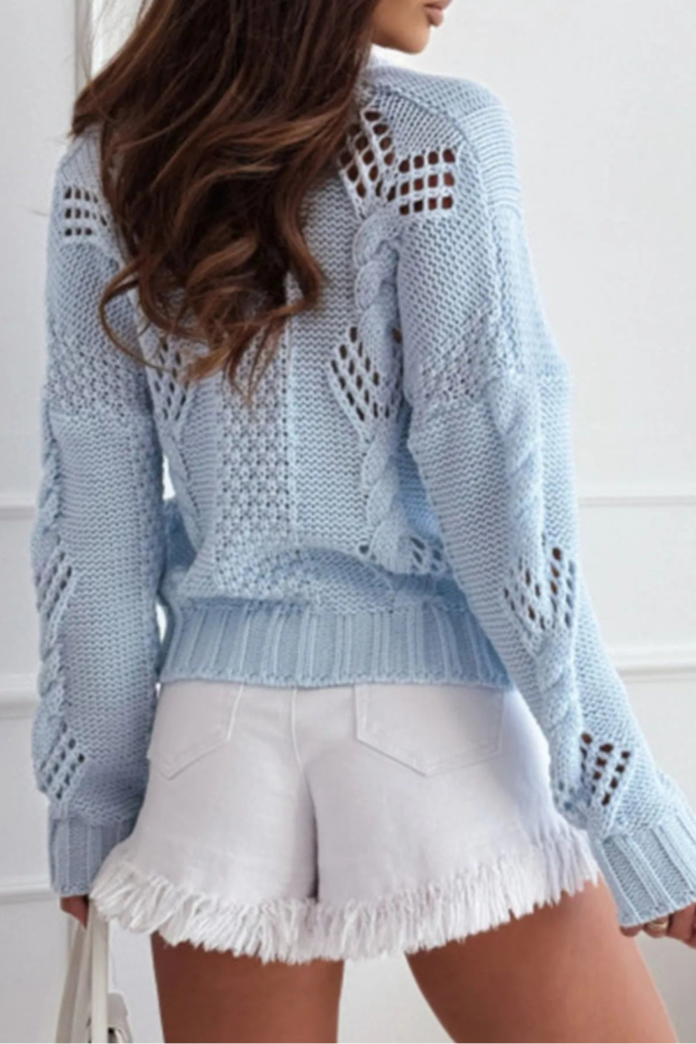 Cardigan, long sleeve, drop shoulder, openwork, cable knit, v-neck, buttoned, no stretch back view