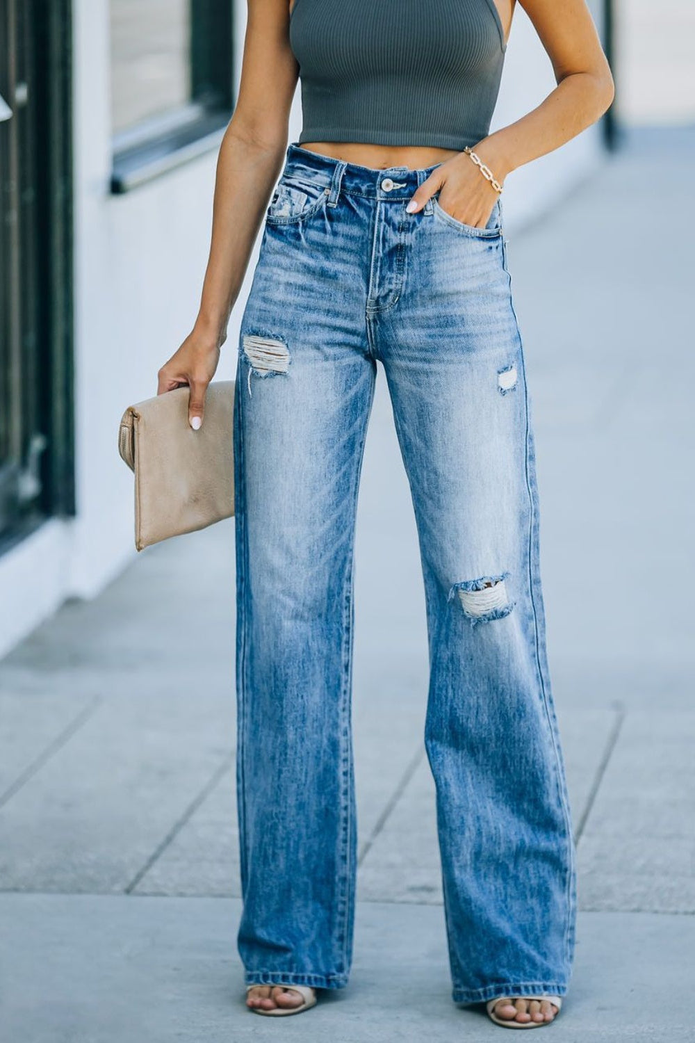 Jeans, high-waist, straight leg, 5 pocket design, vintage medium wash, distressed, button/zipper closure, belt loops, slightly stretchy, front view