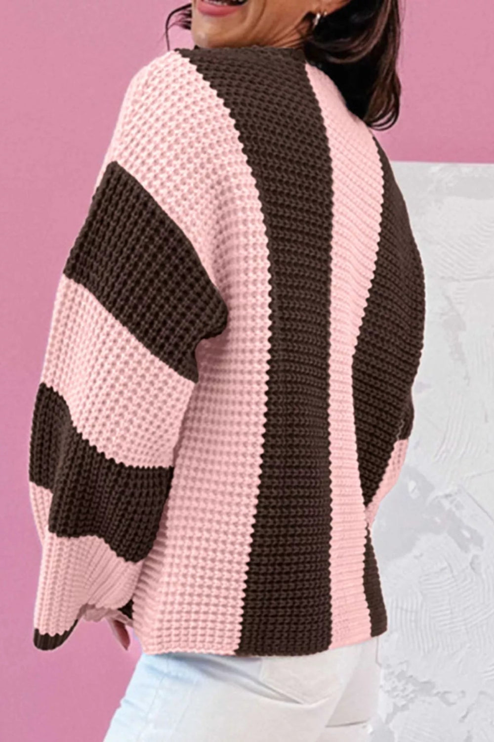 Sweater, striped, drop shoulder, long sleeve, waffle knit, contrast trim, round neck, ribbed trim, stretchy, back view