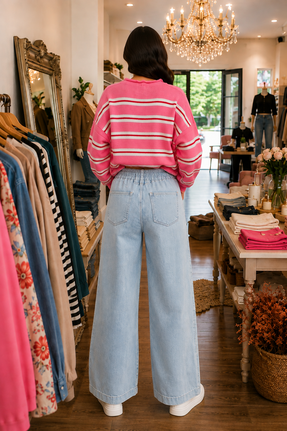 This is the back view. The model is wearing light wash, wide-leg jeans with a button and zipper closure, belt loops, elastic waistband in back, front patch pockets, back pockets, with no stretch.

