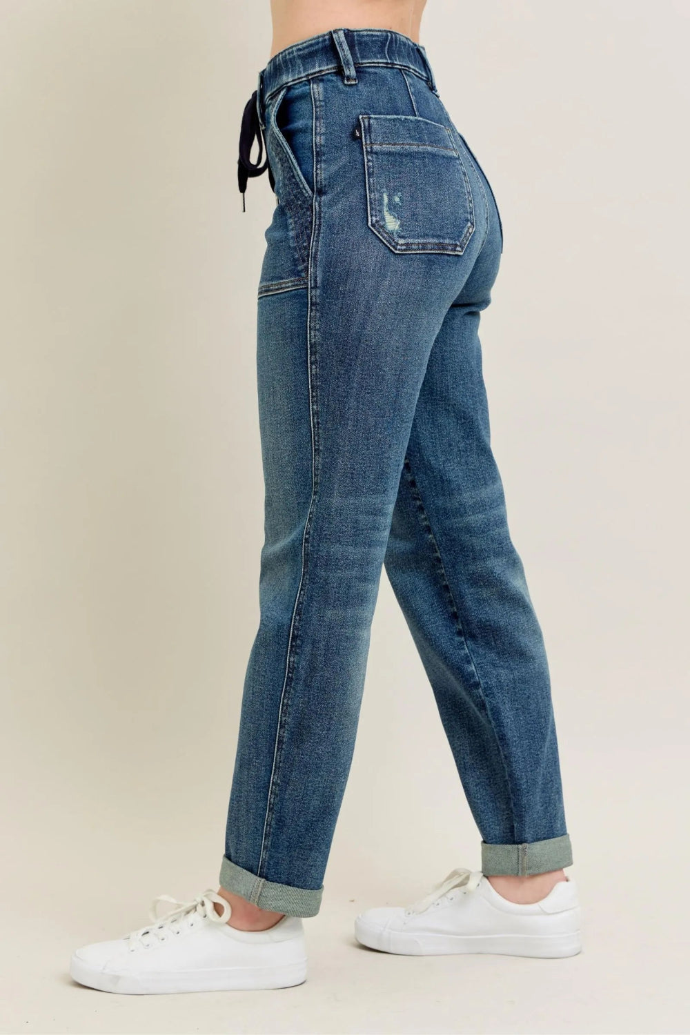Judy Blue Jeans, full-size, high-rise, vintage wash, front patch pockets, back pockets, boyfriend fit,slightly stretchy side view