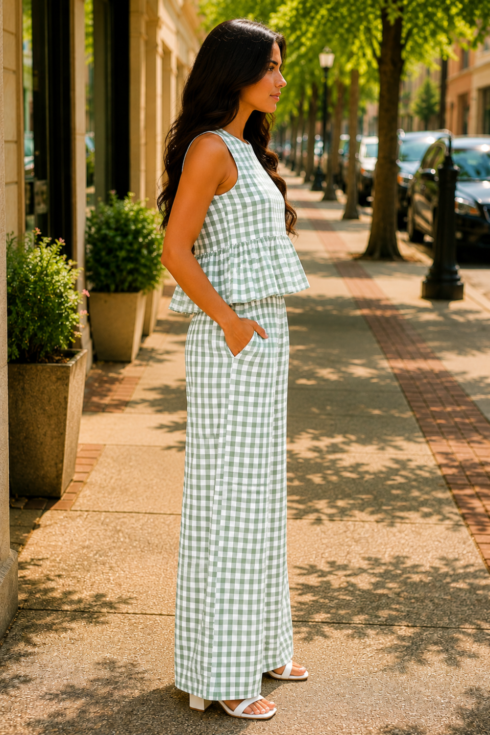 * Two-piece set
* Round neck
* Sleeveless
* Buttoned back closure
* Elastic waist
* Wide leg
* Ruffled
* No stretch