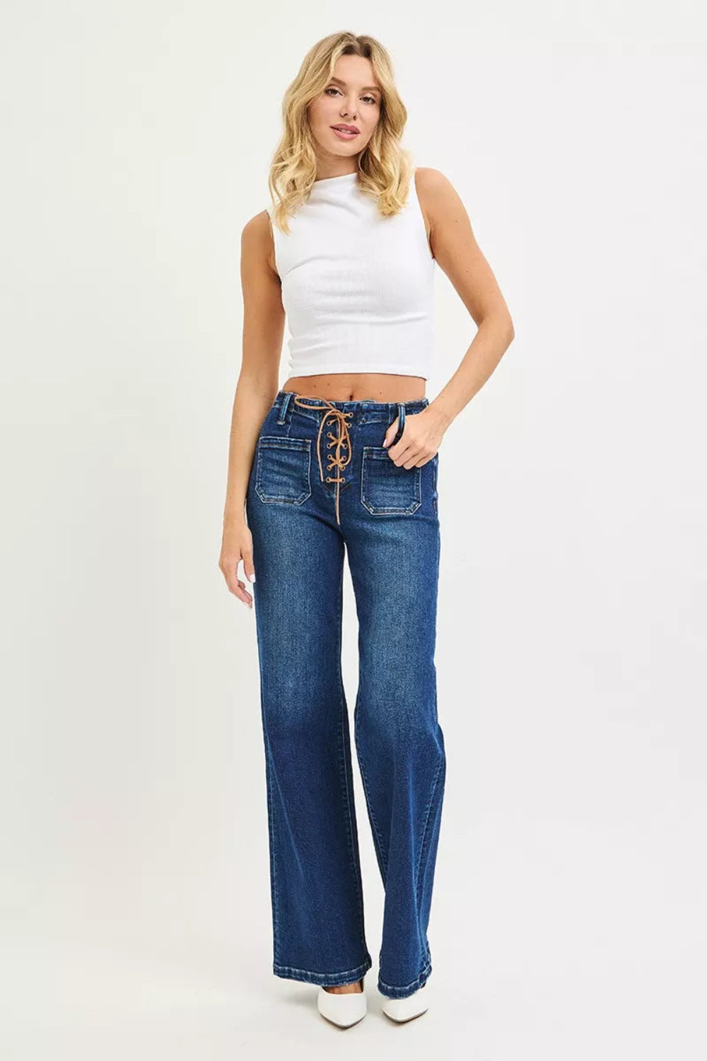 Risen Jeans, full-size, high-rise, wide leg, lace up closure, front patch pockets, back pockets, belt loops, dark wash, slightly stretchy, front view