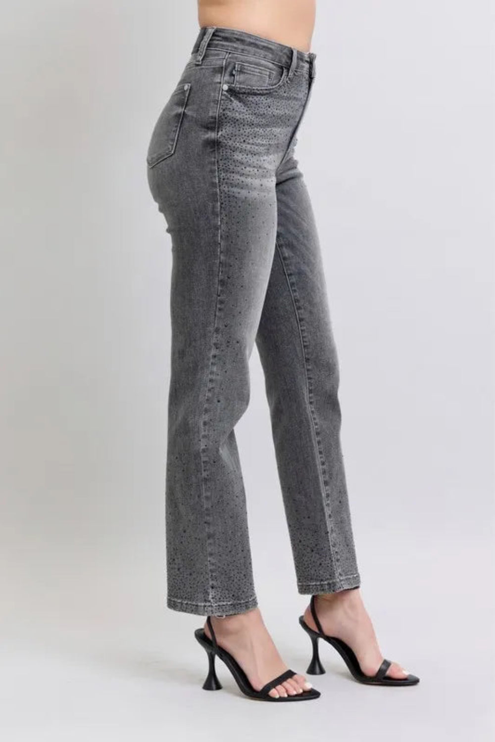 Judy Blue Jeans, full-size, high-rise, rhinestone embellishments, button and zipper closure, pocketed, slightly stretchy, side view