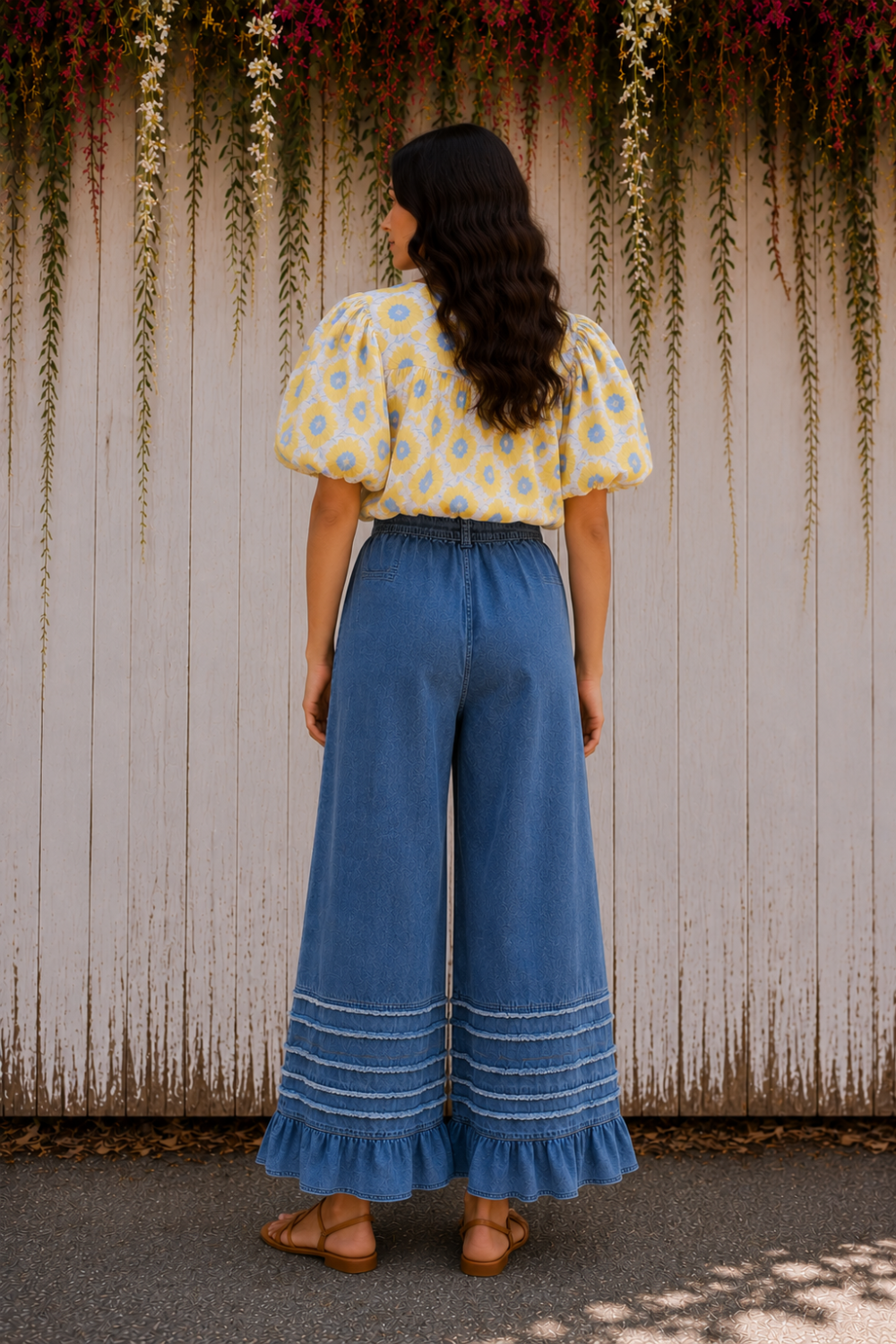 * Chambray 
* Wide-leg
* Ruffled hem
* Fringe
* Drawstring
* High-waist
* Pocketed
* Some stretch
