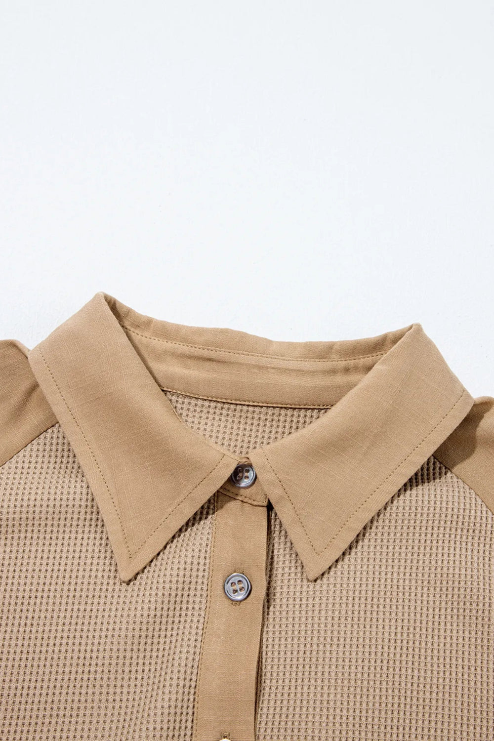 Shirt, long sleeve, collared neck, buttoned, waffle-knit, patchwork, pleated, frayed hem, stretchable, close up view