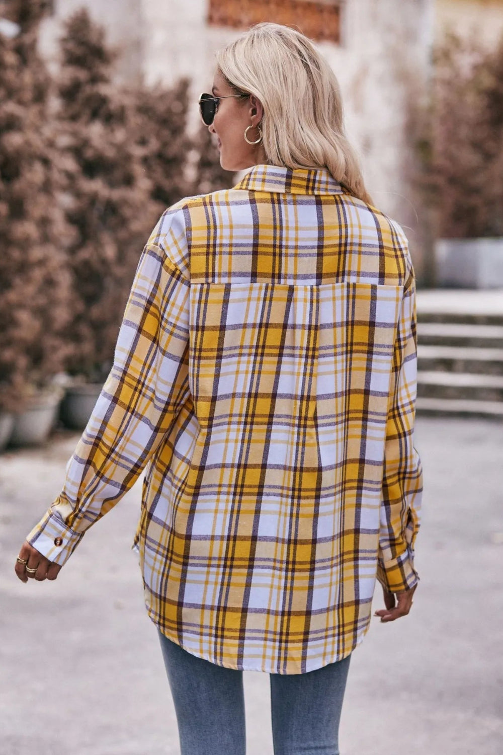Long sleeve shirt, plaid, collared, pocketed, buttoned, oversized, drop shoulder, no stretch, many colors, back view