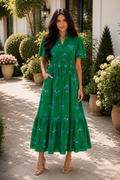 * Maxi
* Notched neck
* Pleated
* Smocked
* Puff short sleeves
* Ruffled
* Pocketed
* Unlined
* No stretch