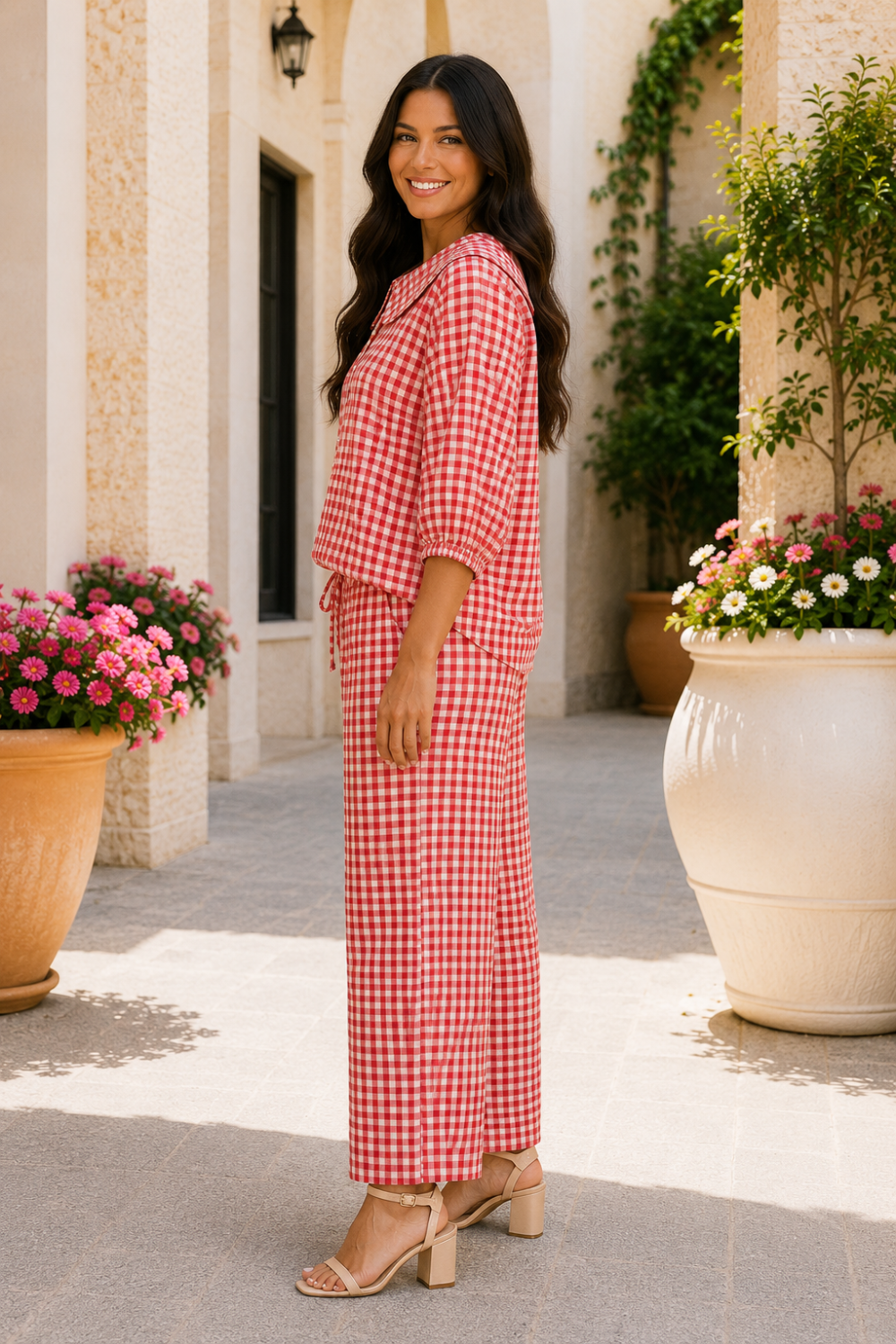  Two-piece pant set
* Gingham print
* Peter Pan collar
* Button down
* Half puff sleeves
* Elastic drawstring waist
* Pocketed
* Slightly stretchy