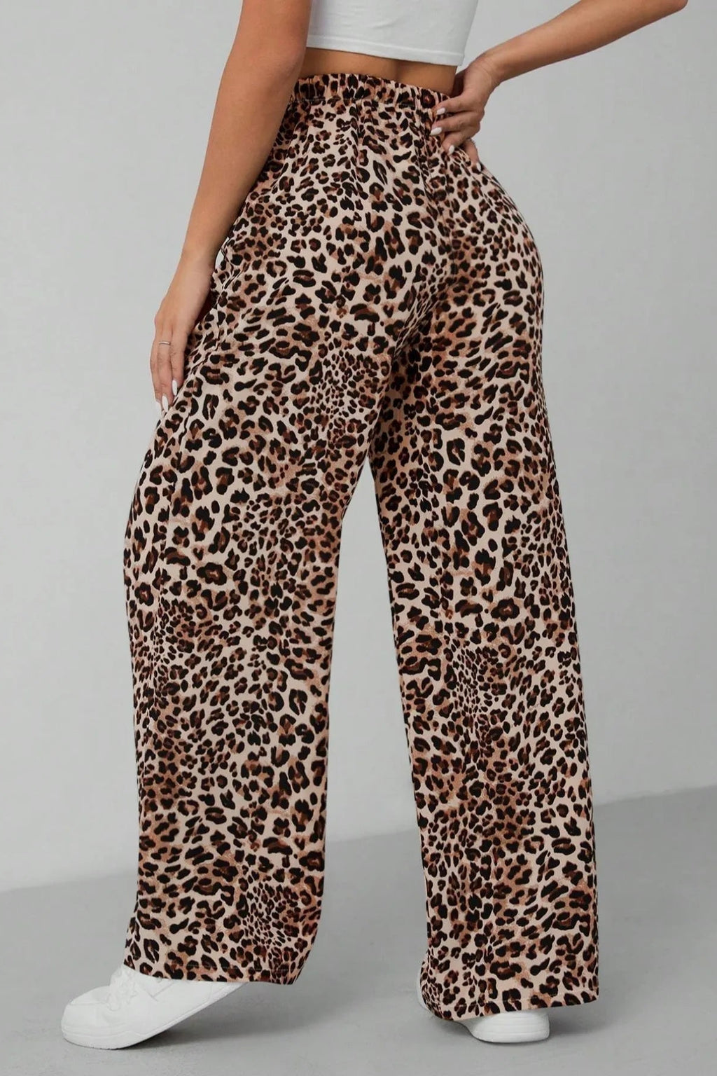 Pants, leopard print, high waist, elastic waistband, drawstring, pocketed, no stretch back view