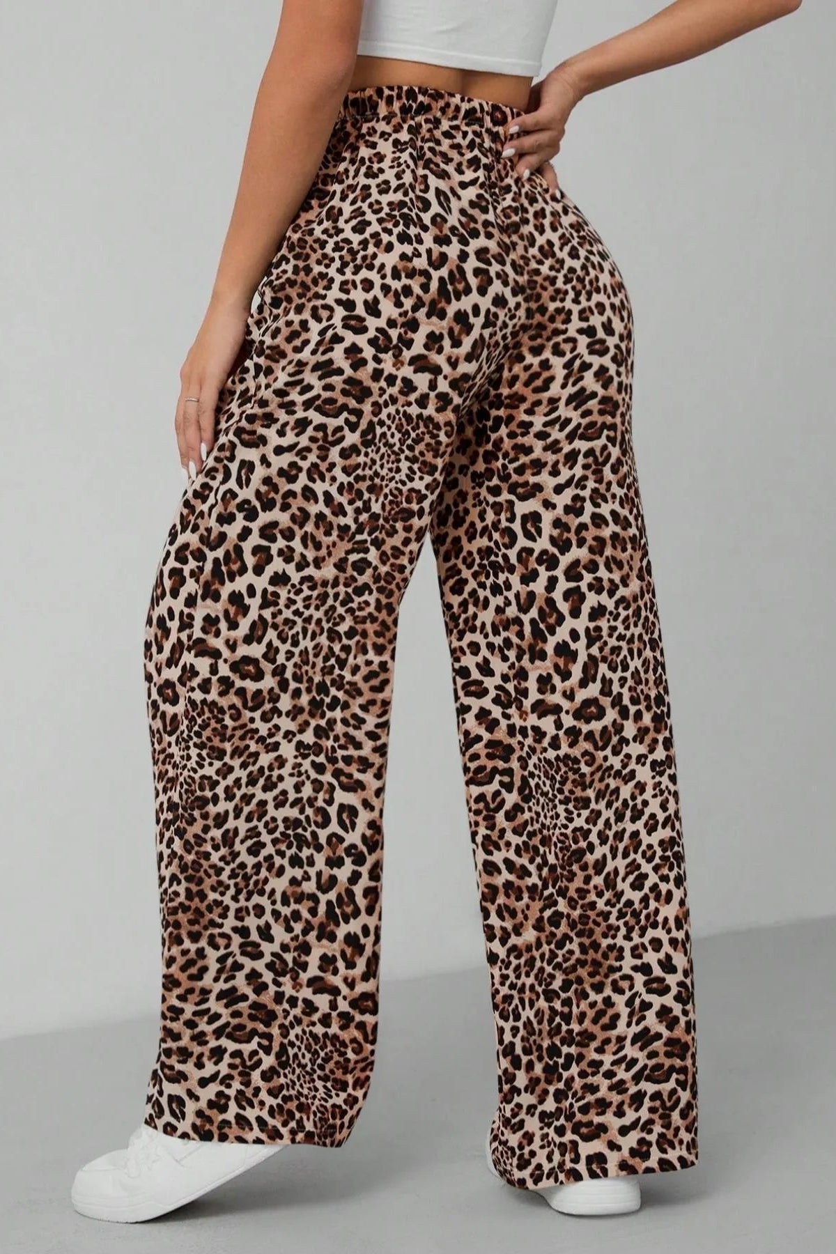 Pants, leopard print, high waist, elastic waistband, drawstring, pocketed, no stretch back view
