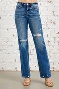 Risen Jeans, full-size, high-rise, tummy control, distressed, straight leg, medium vintage wash, 5 pocket detail, button/zipper closure, belt loops, slightly stretchy, front view
