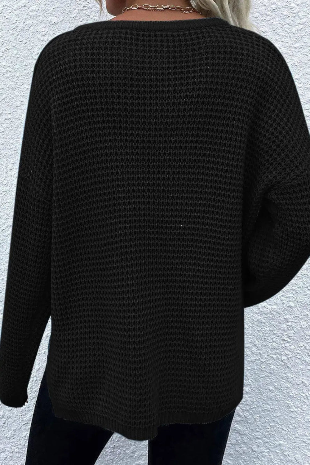 sweater, pullover, long sleeve, drop shoulder, front pocket, notched neck, ribbed, knit, slightly stretchy, back view