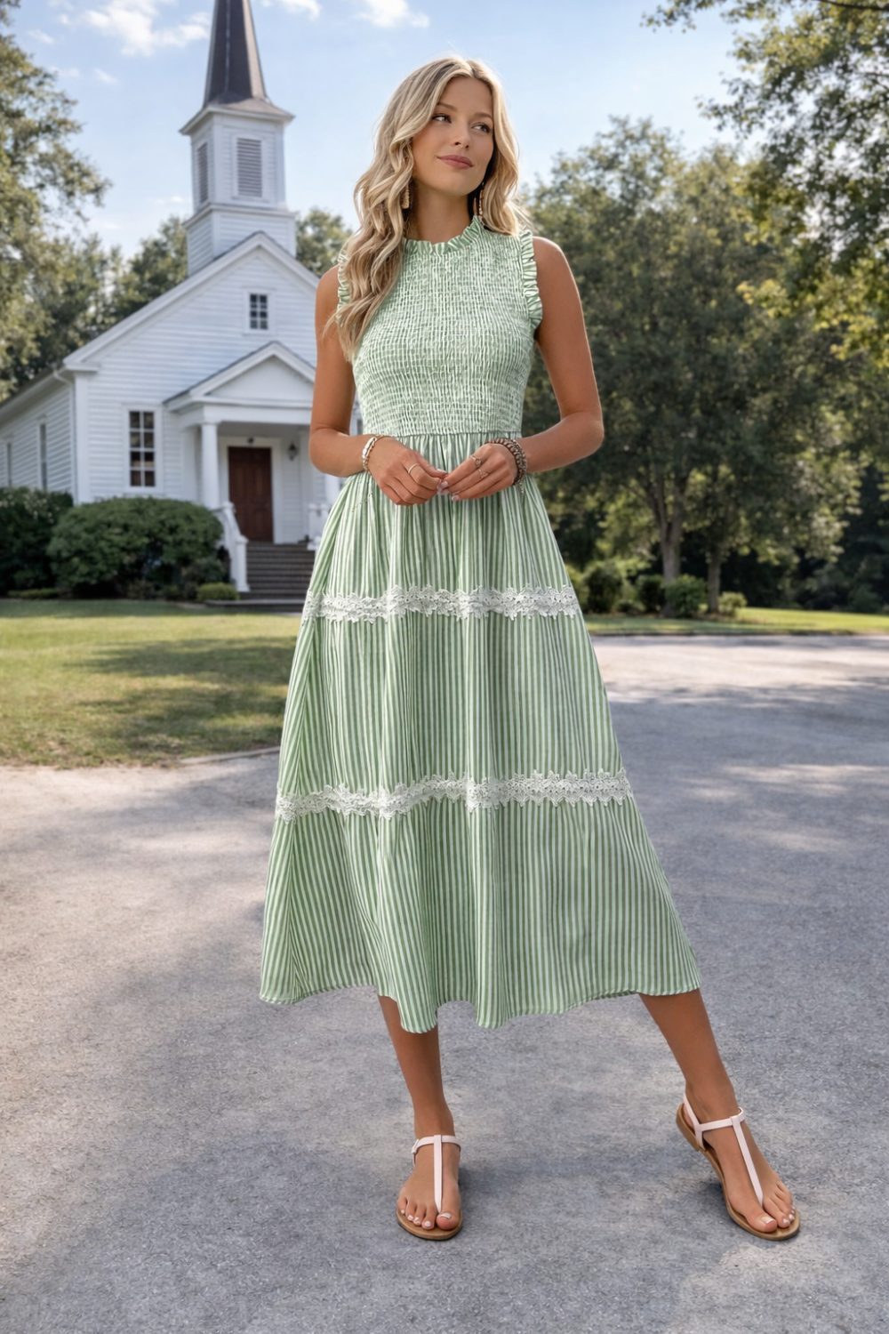* Midi Dress
* Smocked
* Sleeveless
* Lace
* Round neck
* Tiered
* Unlined
* Stretchy