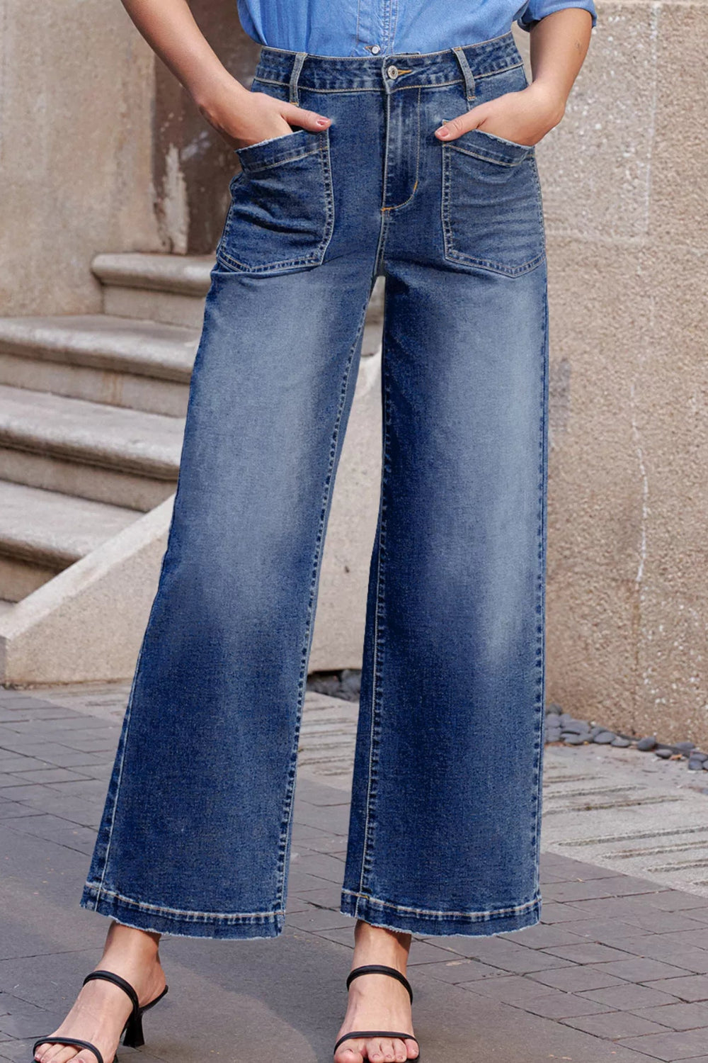 Jeans, high-waist, patch pocket, straight leg, raw hem, pocketed, belt loops, button/zipper closure, vintage wash, some stretch, front view