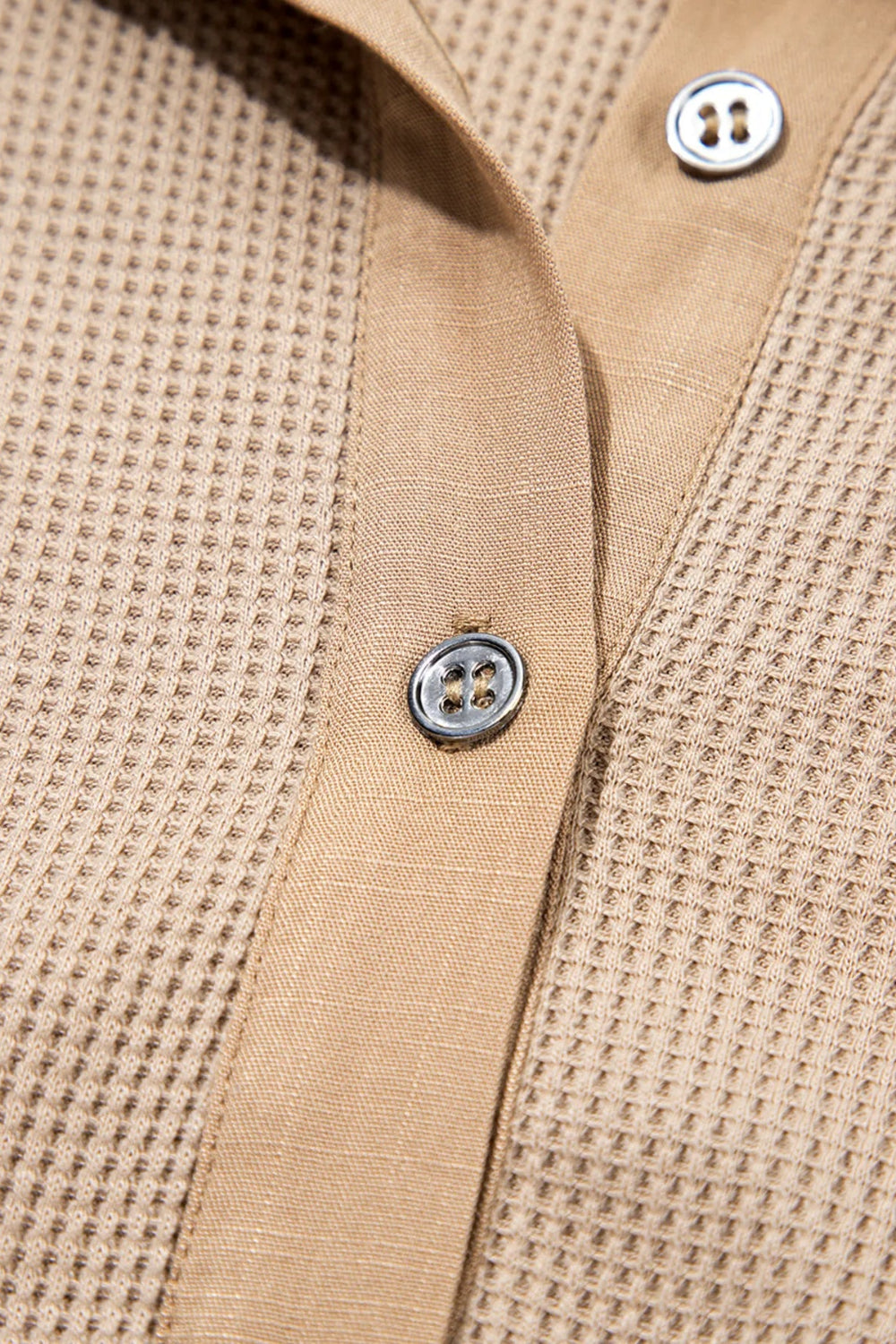 Shirt, long sleeve, collared neck, buttoned, waffle-knit, patchwork, pleated, frayed hem, stretchable, close up view