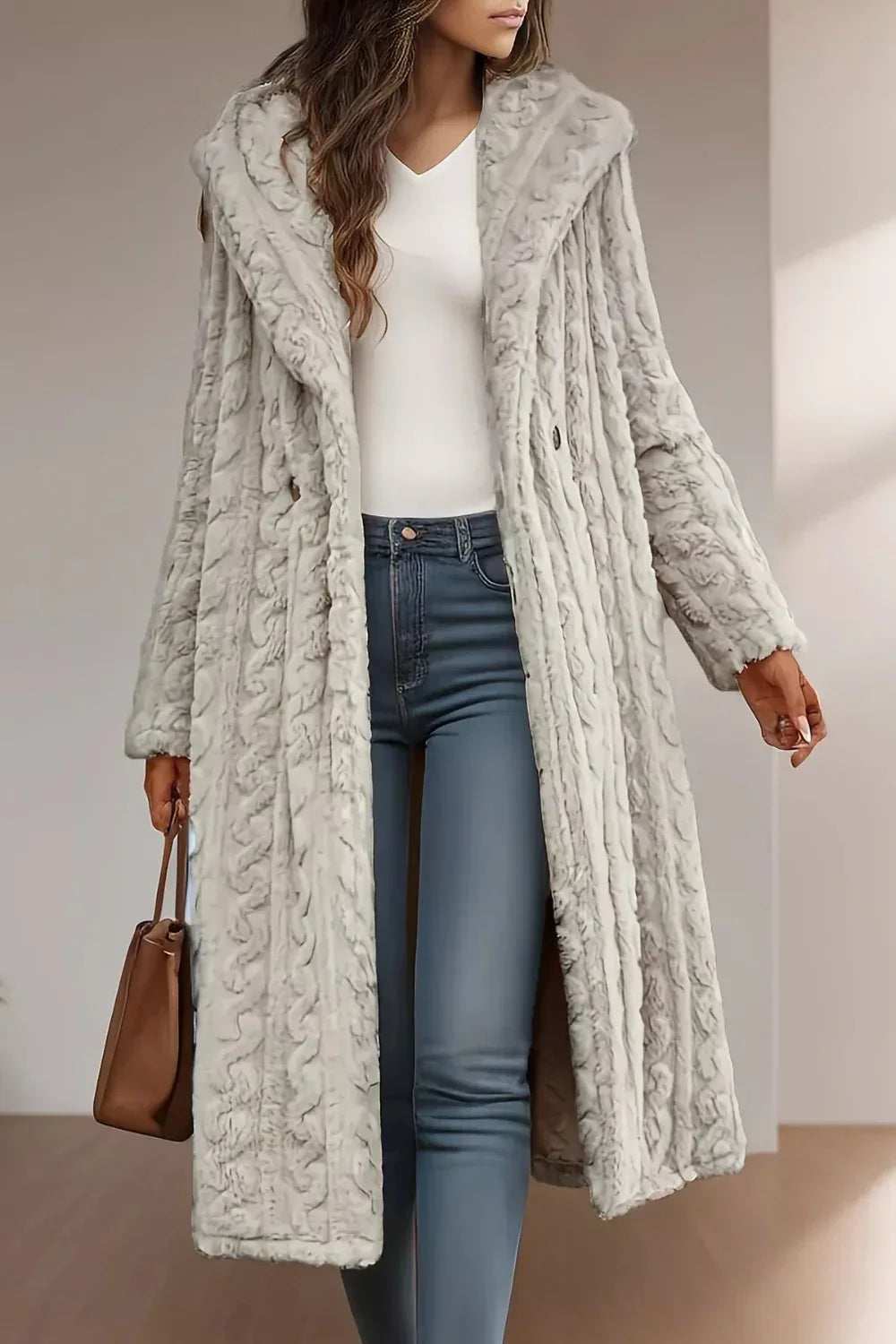 Longline coat, hooded, buttoned, pocketed, thick, lined, oversized, cable-knit design, some stretch, front view