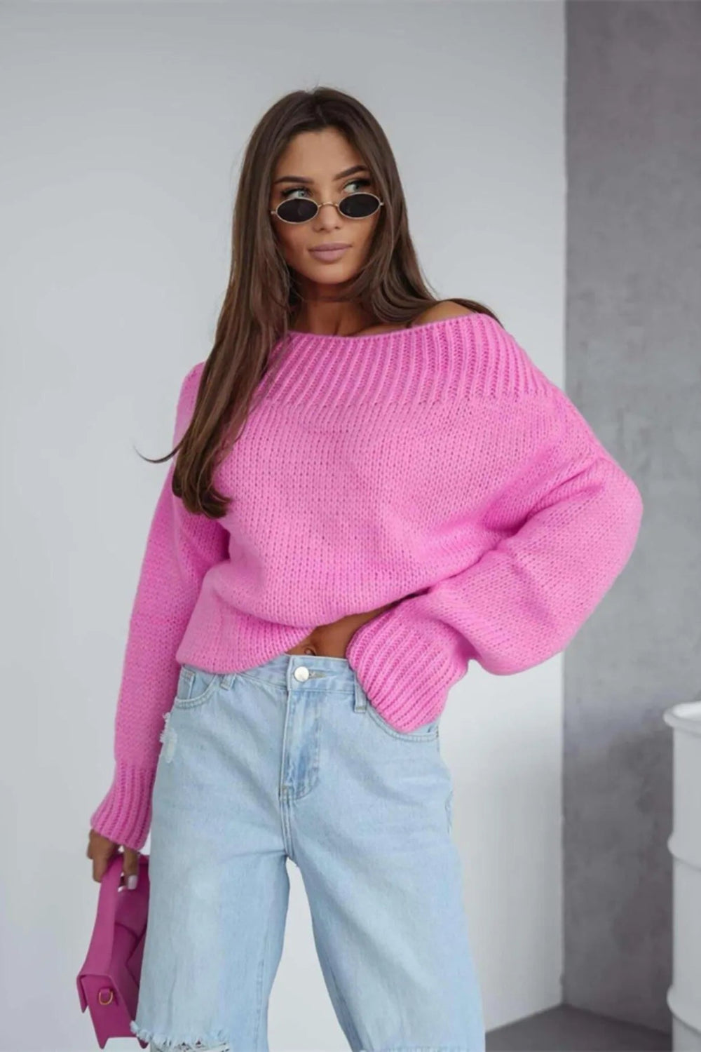 Sweater, pullover, long sleeve, boat neck, oversized, ribbed neck and cuffs, slightly stretchy front view